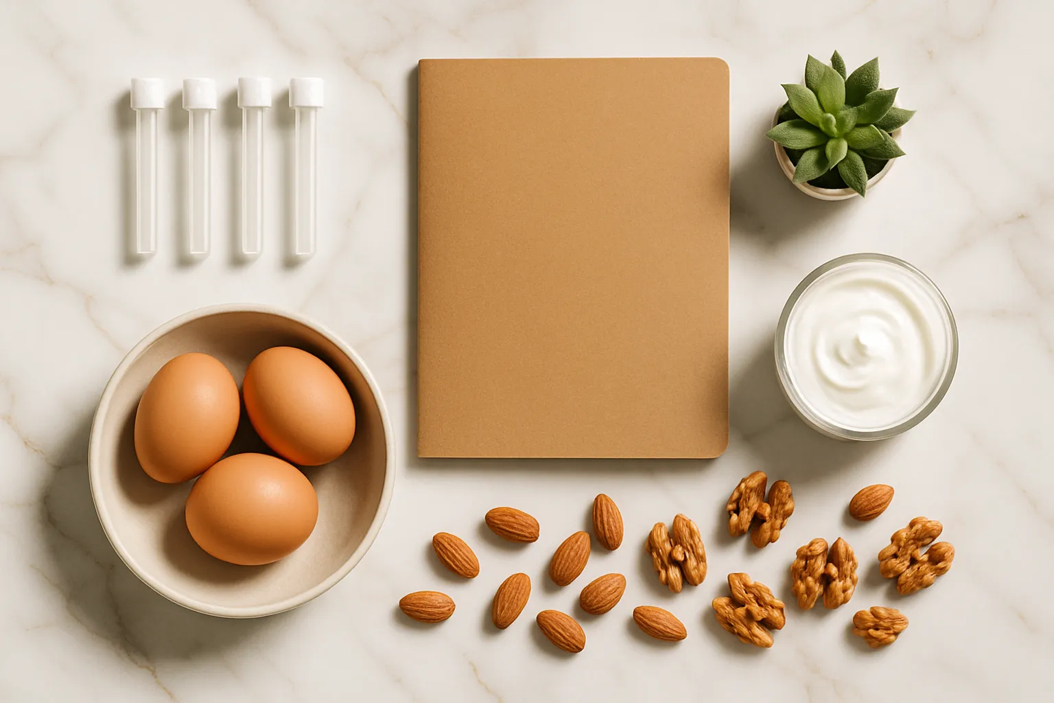 Ferramentas Essenciais para Equilíbrio Hormonal Arranjo editorial premium de ferramentas para balanço hormonal: frascos de teste de cortisol salivar, relatório de painel tireoidiano, ovos, iogurte grego e castanhas em mármore branco
