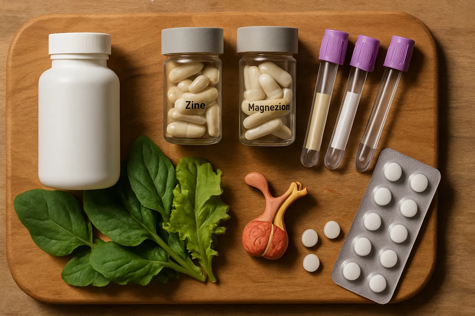 Arranjo orgânico de ferramentas para gestão do equilíbrio hormonal: frascos de suplementos de vitamina B6, zinco e magnésio sem rótulos, tubos de exame de sangue com tampas roxas, comprimidos de cabergolina, modelo anatômico da glândula pituitária, vegetais folhosos em tábua de madeira natural