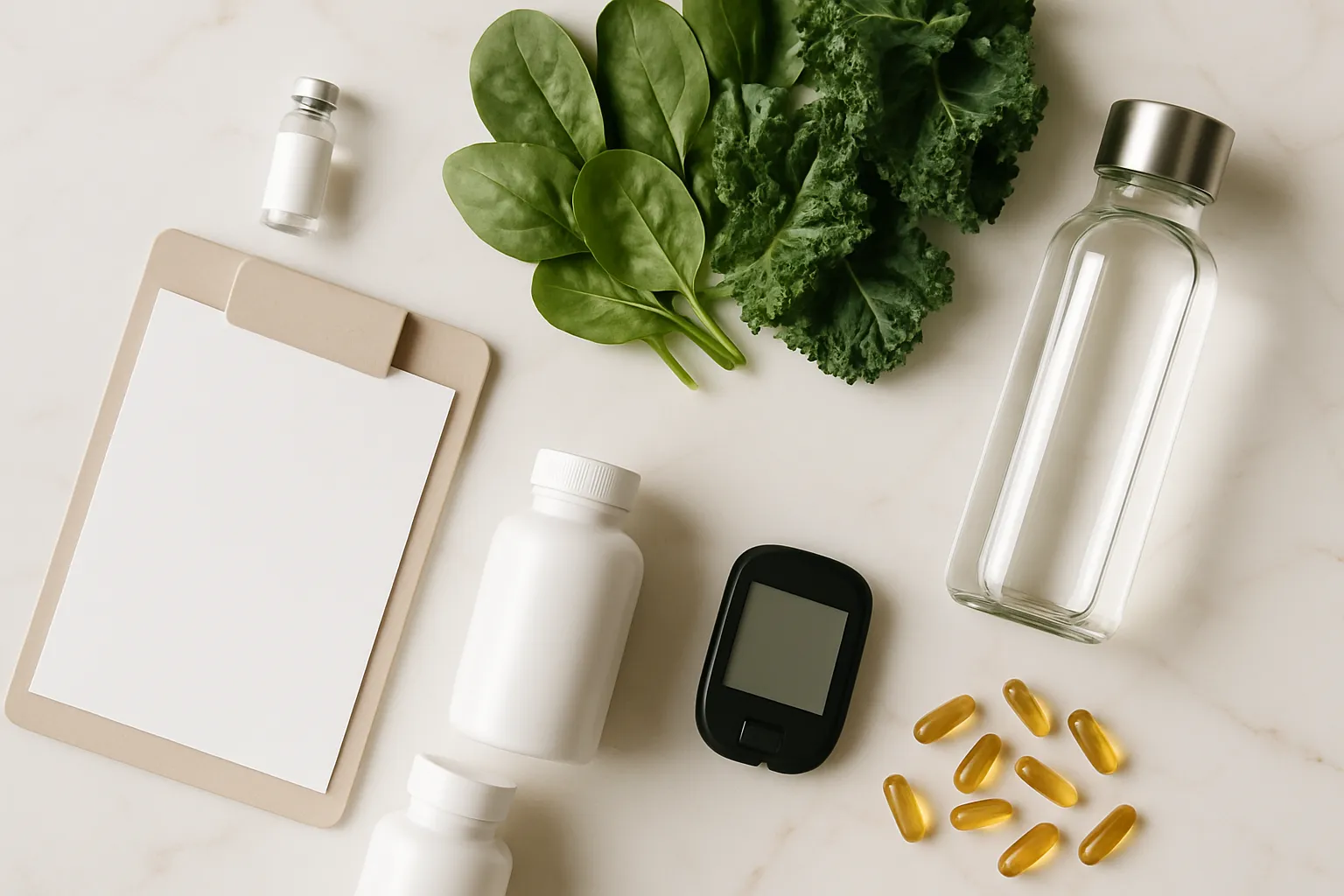 Composição flat lay editorial premium mostrando ferramentas para manejo de equilíbrio hormonal: frasco de tirzepatida sem rótulo, painel de teste A1c, suplementos, vegetais folhosos e dispositivo de monitoramento sobre mármore branco com veios dourados
