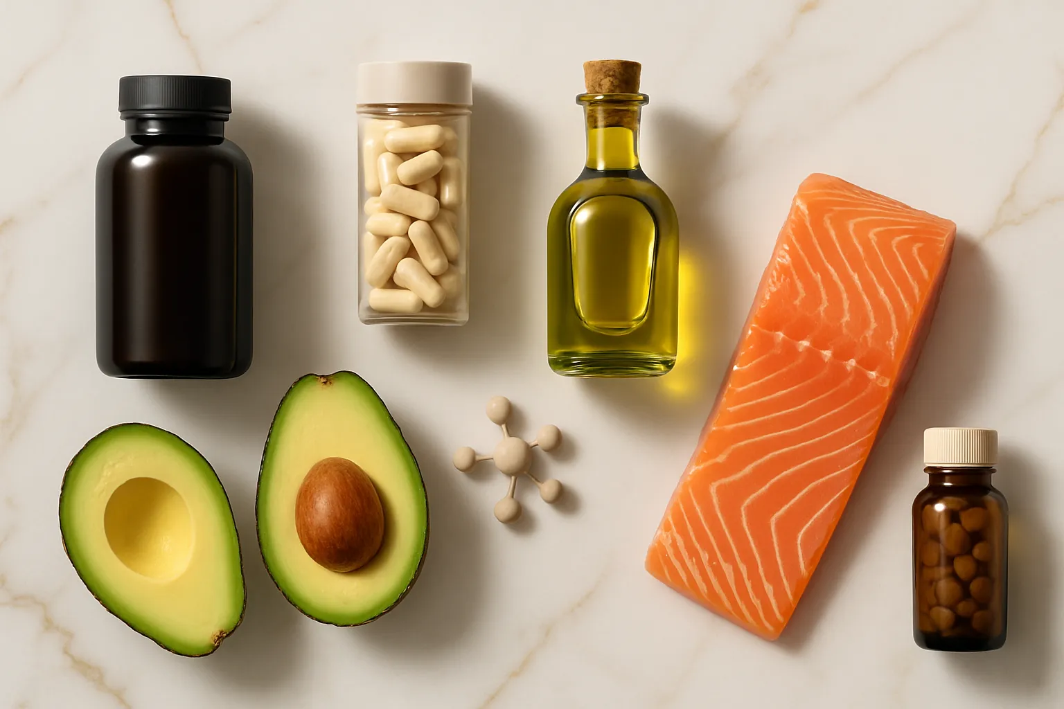 Composição flat lay premium de ferramentas para equilíbrio da progesterona: suplementos de magnésio e vitamina B6 sem rótulos, abacate fresco, azeite, salmão rico em ômega-3 e Vitex dispostos artisticamente em mármore branco com veios dourados