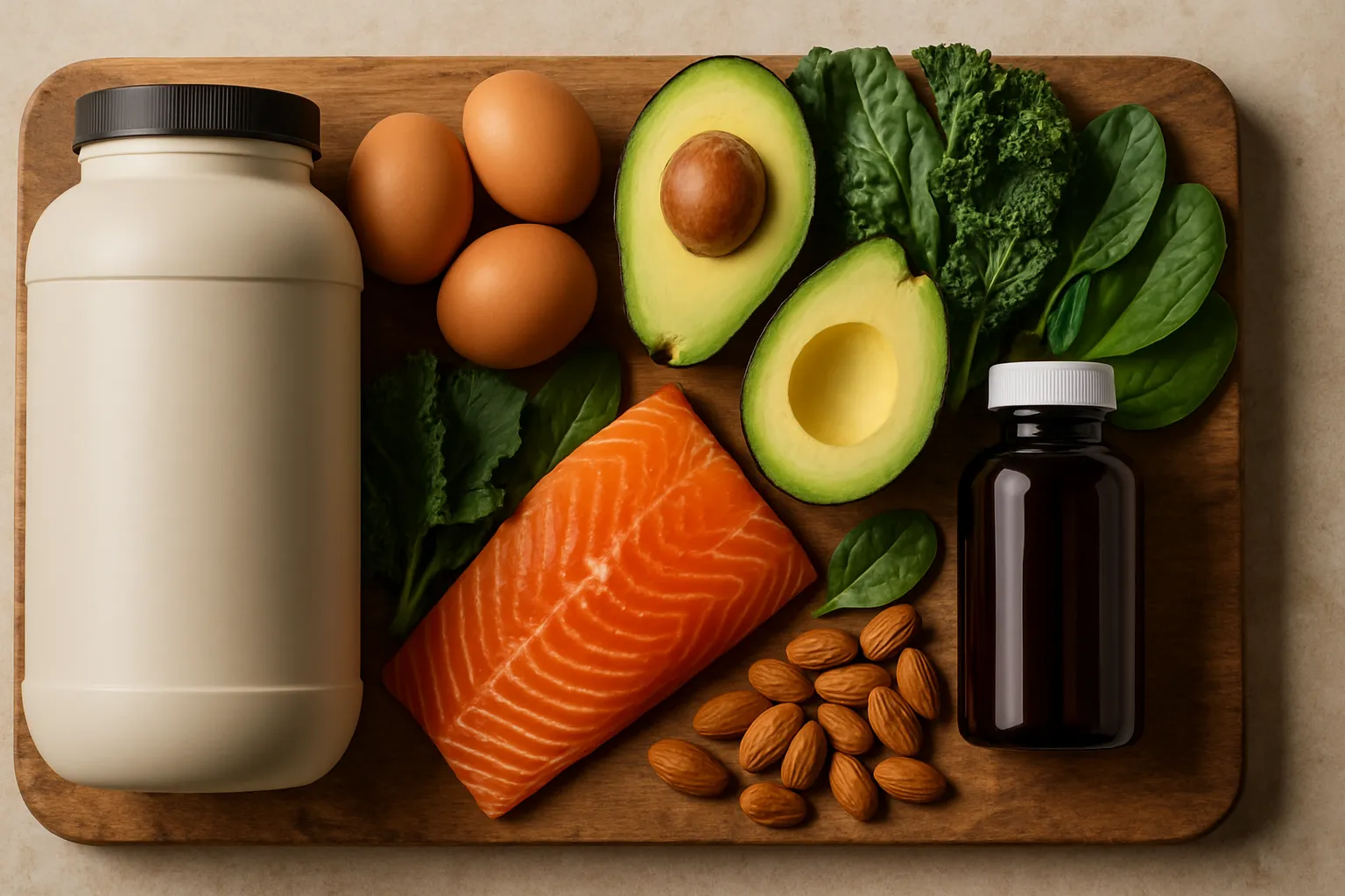 Composição flat lay orgânica com alimentos ricos em proteína (ovos, abacate, salmão, vegetais verdes escuros) e suplementos sem rótulos arranjados em tábua de madeira natural