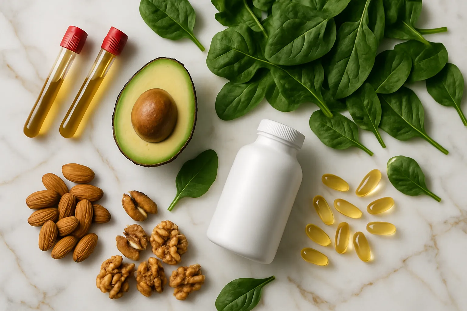 Flat lay premium de ferramentas para equilíbrio hormonal: frascos de exames FSH/LH sem rótulos, suplementos de ômega-3, zinco e vitamina D, abacate, nozes e vegetais folhosos em mármore branco com veios dourados