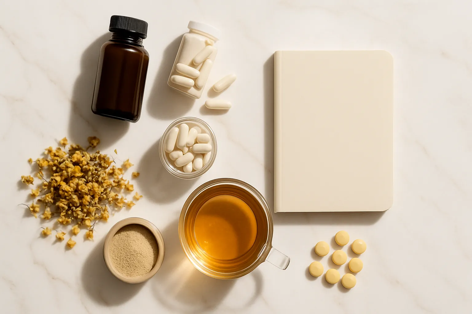 Composição flat lay premium de ferramentas para otimização do sono: frascos de suplementos sem rótulos (melatonina, magnésio glicinato, vitamina B6), ervas adaptogênicas, flores de camomila secas e xícara de chá de ervas arranjados artisticamente sobre mármore branco com veios dourados