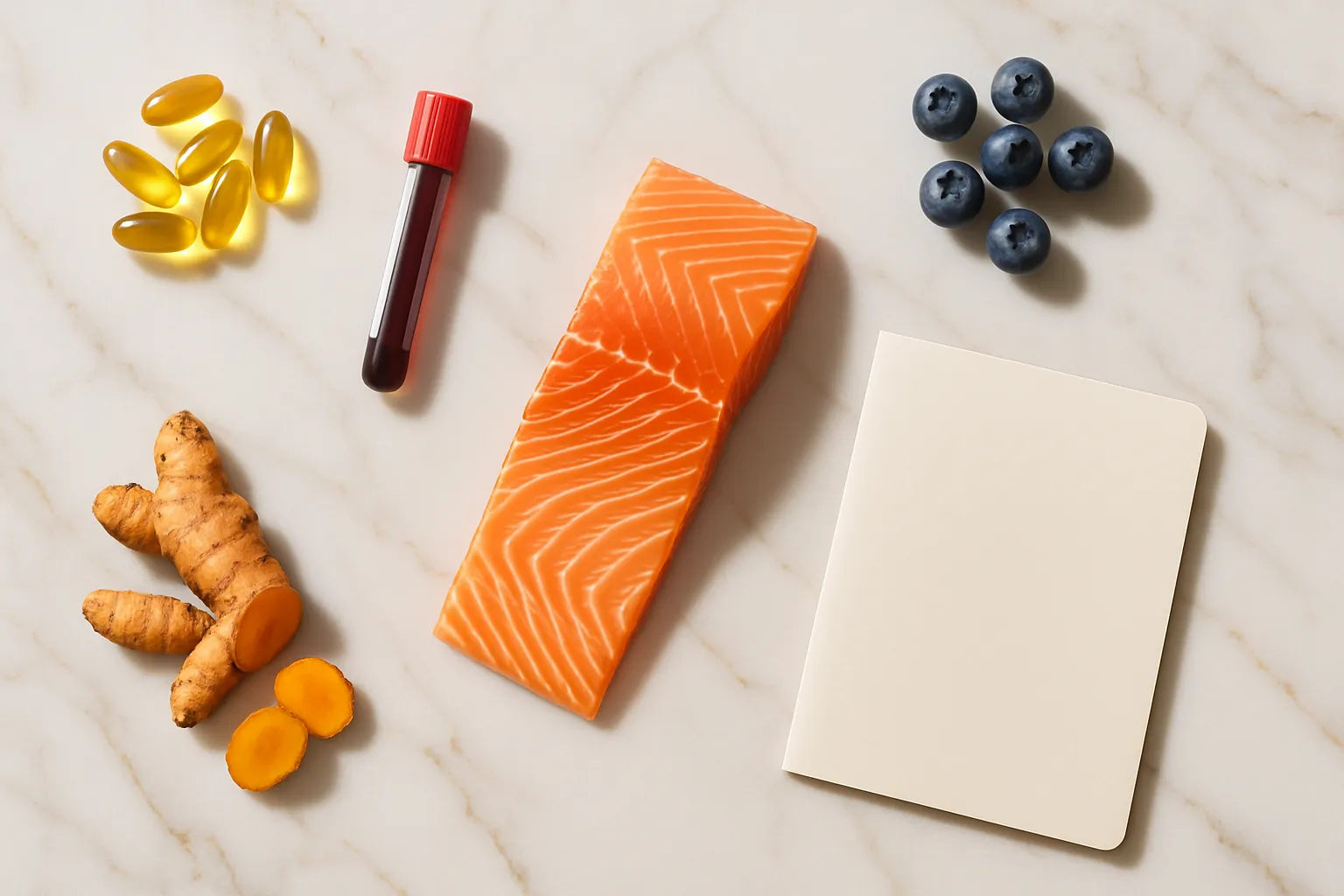 Composição flat lay premium com suplementos ômega-3, alimentos anti-inflamatórios e materiais de saúde metabólica em mármore branco com veios dourados