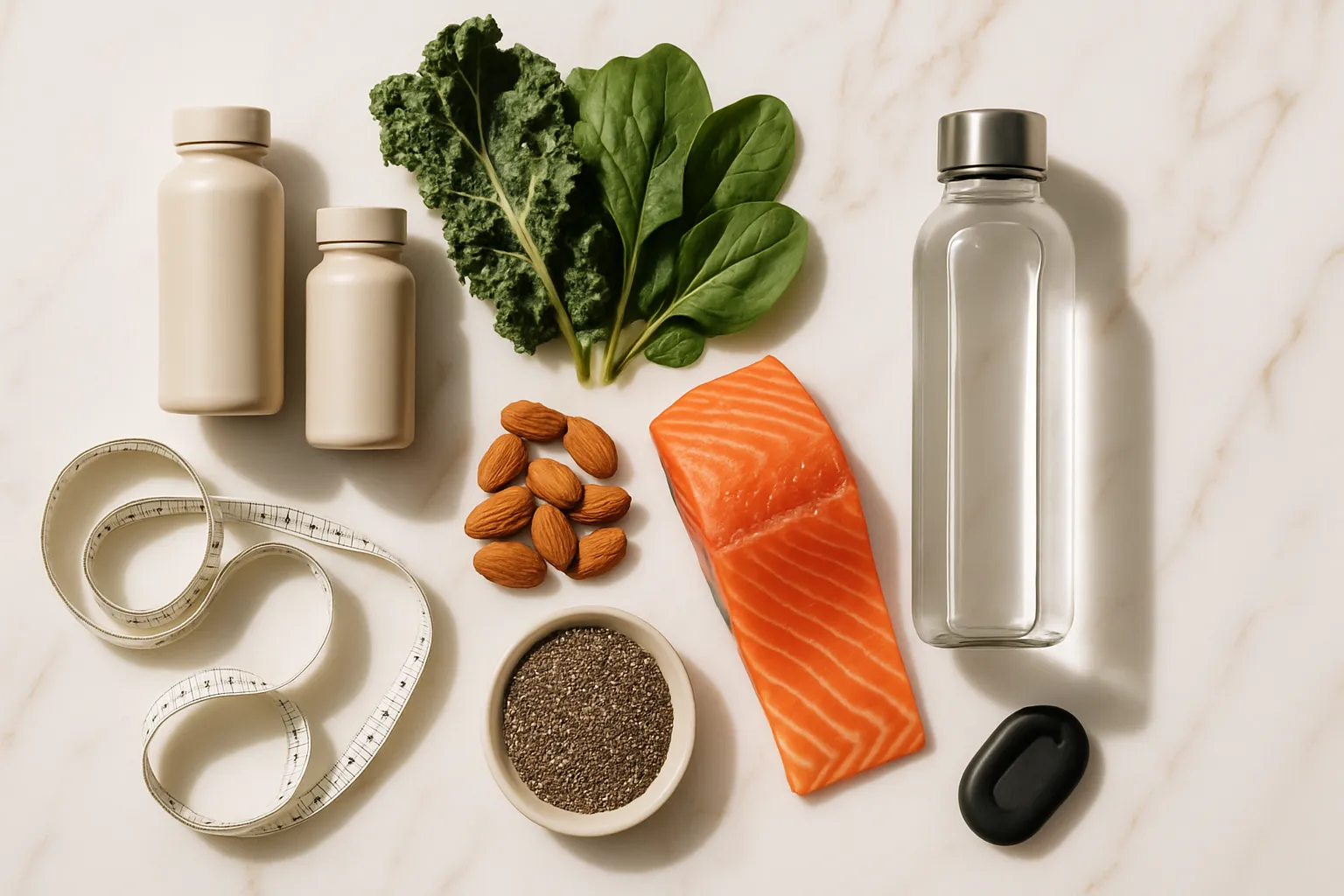 Composição flat lay premium de ferramentas para gestão de peso hormonal incluindo suplementos sem rótulos, fita métrica, vegetais folhosos escuros, salmão, oleaginosas e dispositivo de monitoramento de sono arranjados artisticamente sobre mármore branco com veios dourados