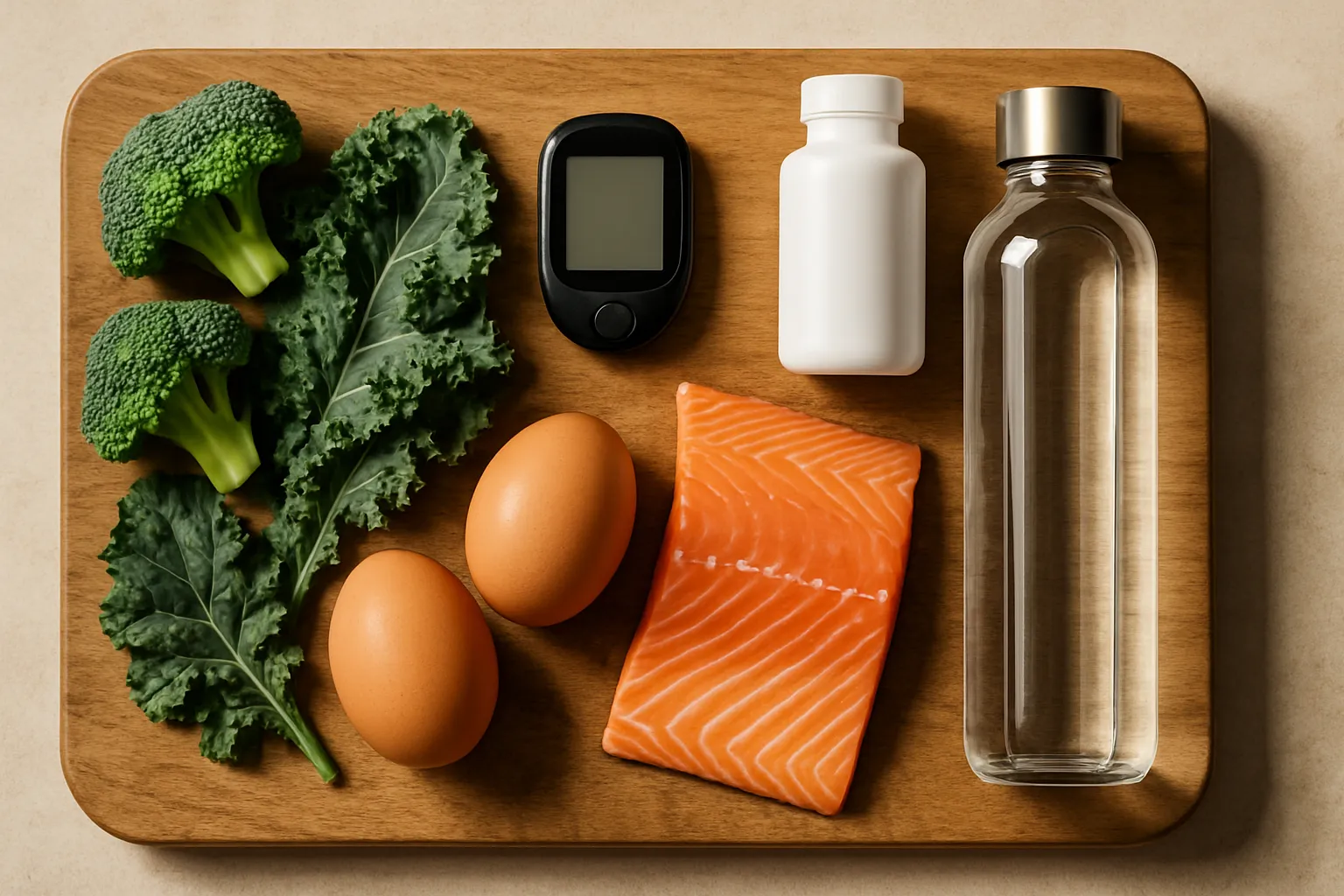 Ferramentas Essenciais para Saúde Metabólica Composição flat lay natural sobre tábua de madeira mostrando medidor de glicose minimalista, vegetais ricos em fibras como brócolis e folhas verdes escuras, fontes de proteína de qualidade incluindo ovos e salmão, arranjo orgânico assimétrico com estética rústica natural