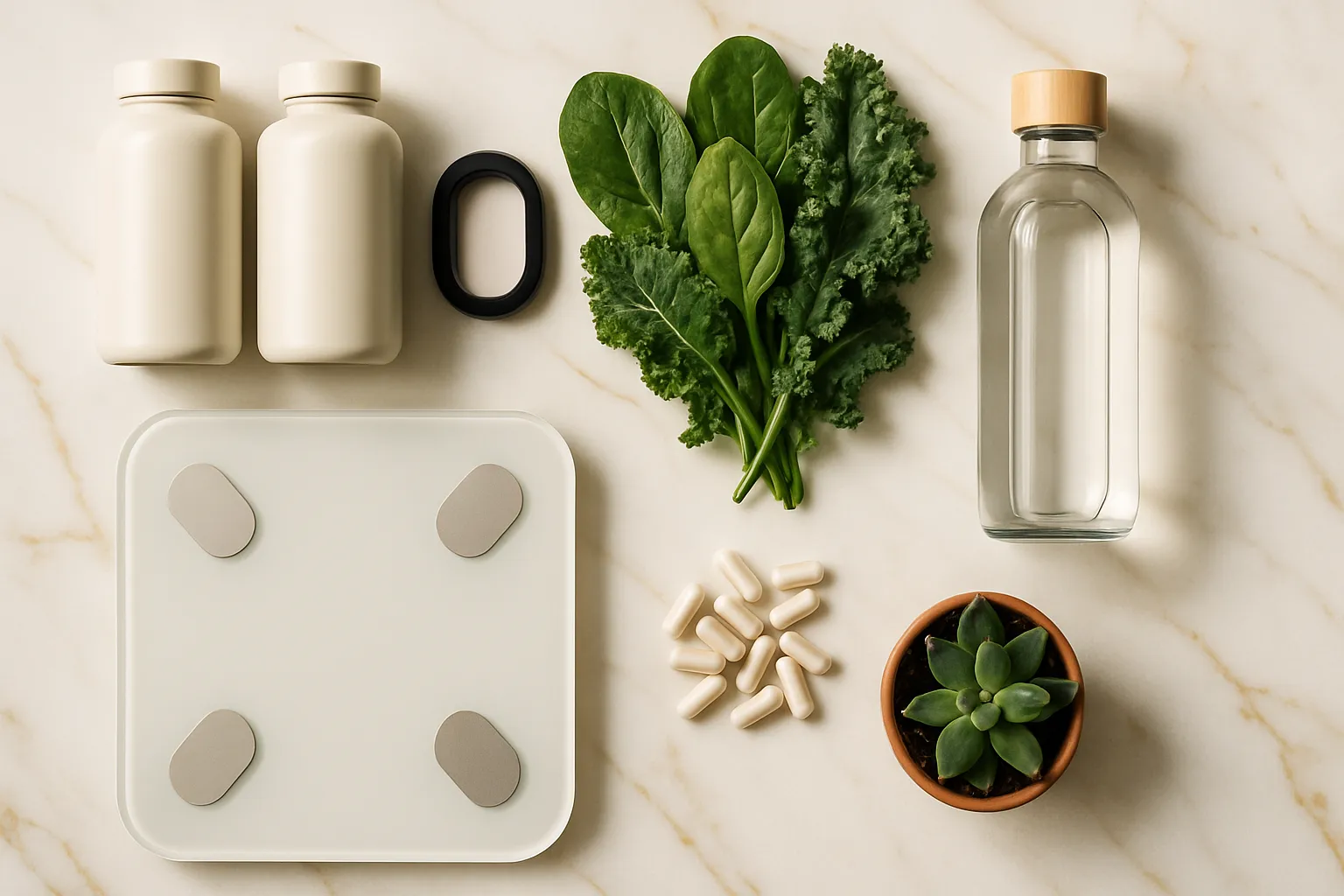 Composição flat lay de ferramentas para otimização da longevidade: suplementos sem rótulos, dispositivo de monitoramento, vegetais frescos e elementos de bem-estar organizados artisticamente em mármore branco com veios dourados