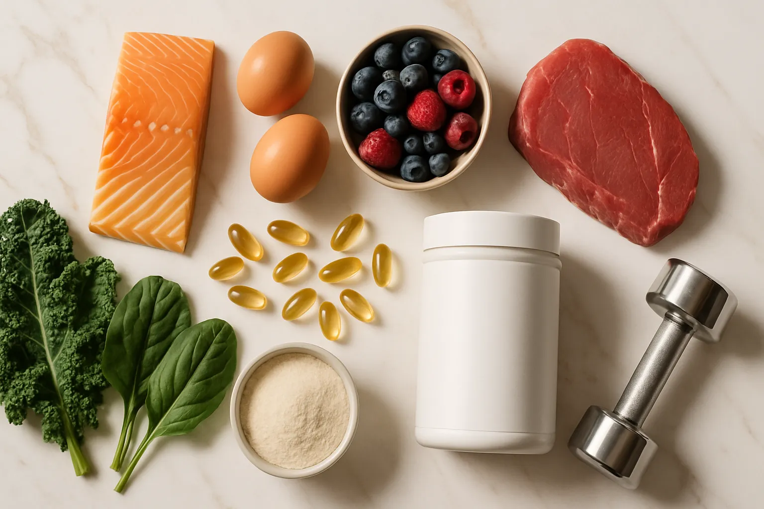 Composição flat lay premium com salmão fresco, ovos, carne magra, frutas vermelhas, vegetais folhosos escuros, suplementos sem rótulo e peso de treino sobre mármore branco com veios dourados