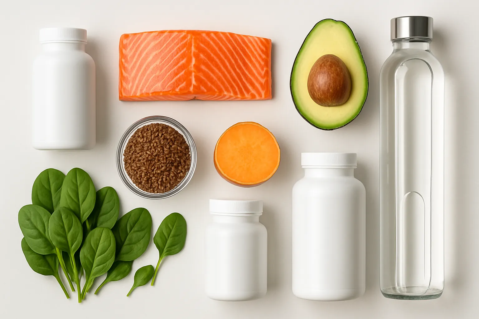 Composição flat lay organizada de alimentos ricos em ômega-3, magnésio e potássio (salmão, linhaça, abacate, batata-doce, espinafre) e suplementos sem rótulos em superfície médica branca