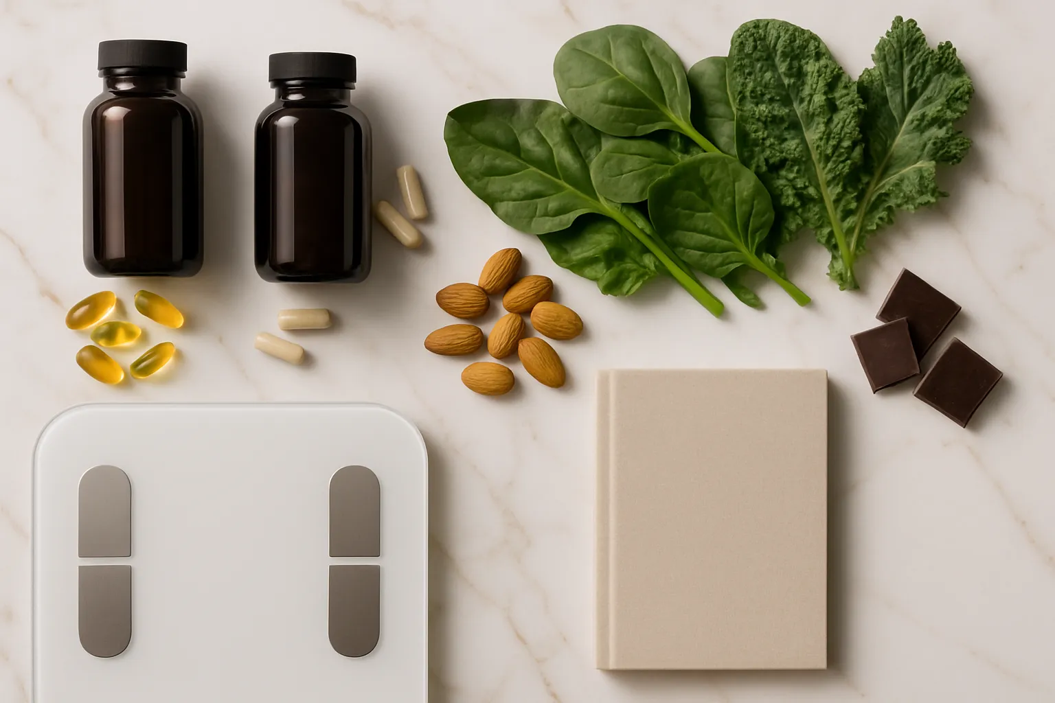 Composição flat lay premium com ferramentas essenciais para equilíbrio hormonal: suplementos sem rótulos, alimentos ricos em nutrientes (vegetais verdes, amêndoas, chocolate), dispositivo de composição corporal e journal de bem-estar organizados artisticamente sobre mármore branco com veios dourados