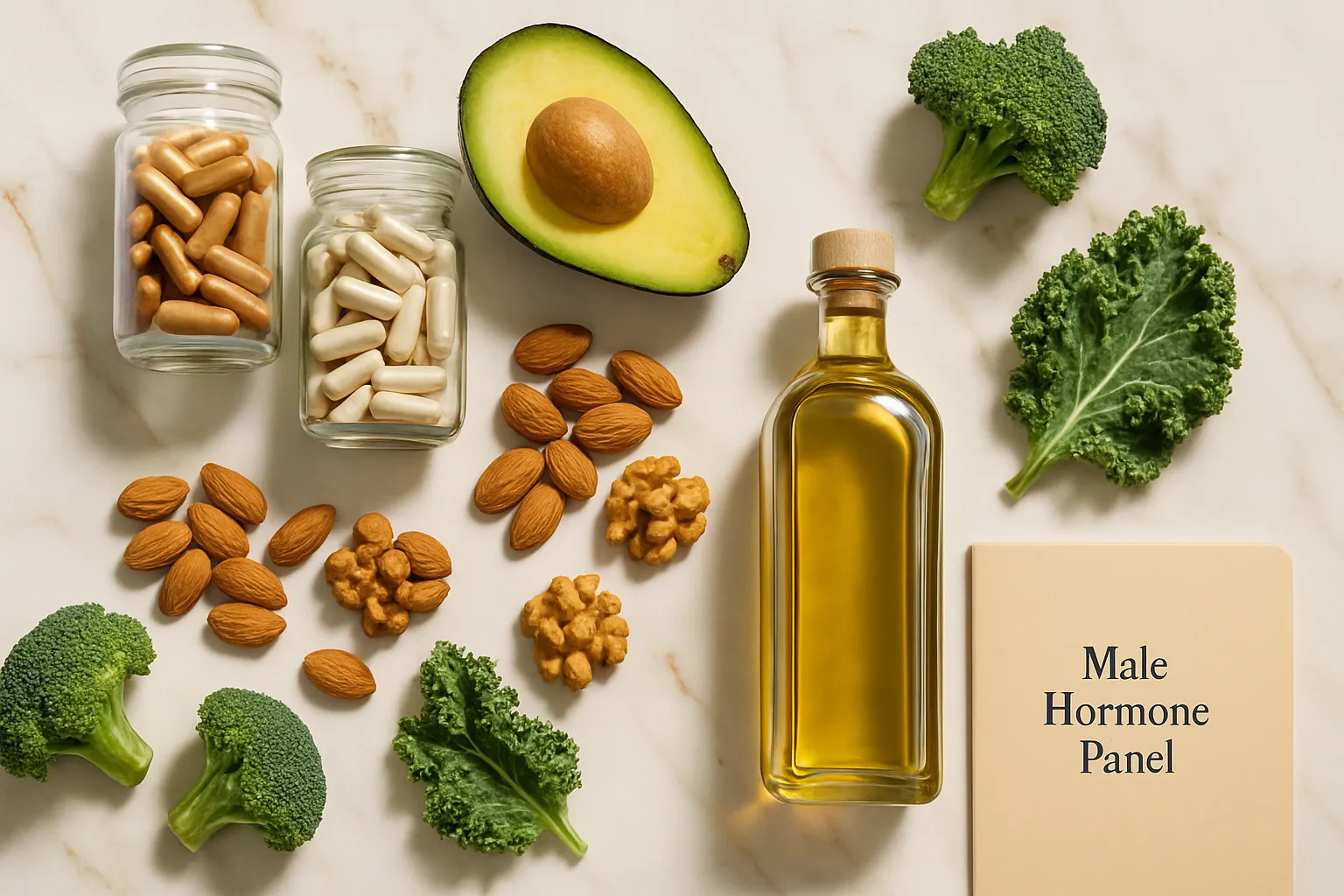 Composição flat lay luxuosa com suplementos de zinco e magnésio, abacate, oleaginosas, azeite, vegetais crucíferos e painel hormonal masculino em mármore branco com veios dourados