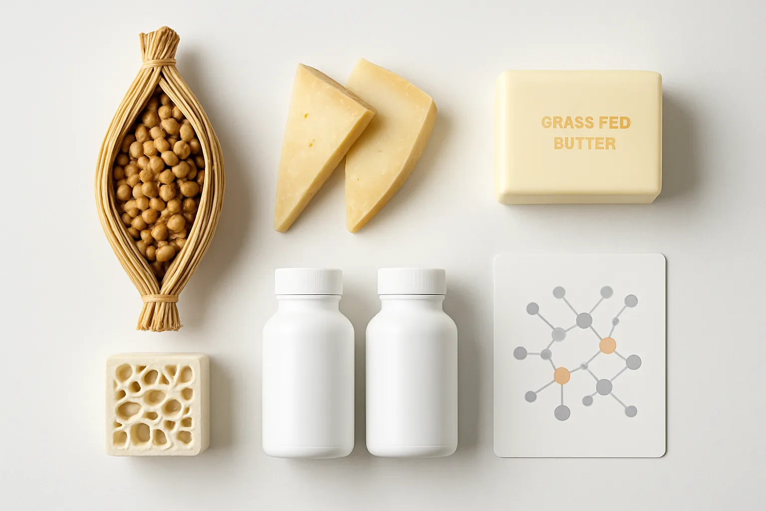 Ferramentas Essenciais para Otimização de Osteocalcina Flat lay clínico de ferramentas para saúde óssea hormonal: natto, queijos envelhecidos, manteiga grass-fed, suplementos K2 sem rótulos, modelo de estrutura trabecular óssea, arranjo simétrico em superfície médica branca