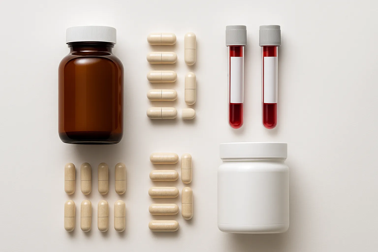 Ferramentas essenciais para otimização de equilíbrio hormonal: suplementos de magnésio e boro sem rótulos, tubos de teste de testosterona, cápsulas de suporte hepático organizados em superfície médica branca