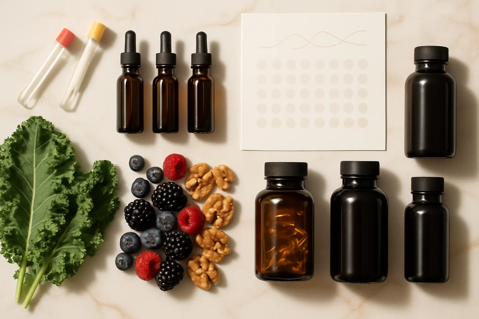 Flat lay editorial premium mostrando ferramentas do Protocolo Rigatti: frascos de hormônios e peptídeos sem rótulos, suplementos premium, calendário de 90 dias e alimentos anti-inflamatórios frescos organizados artisticamente sobre mármore branco com veios dourados