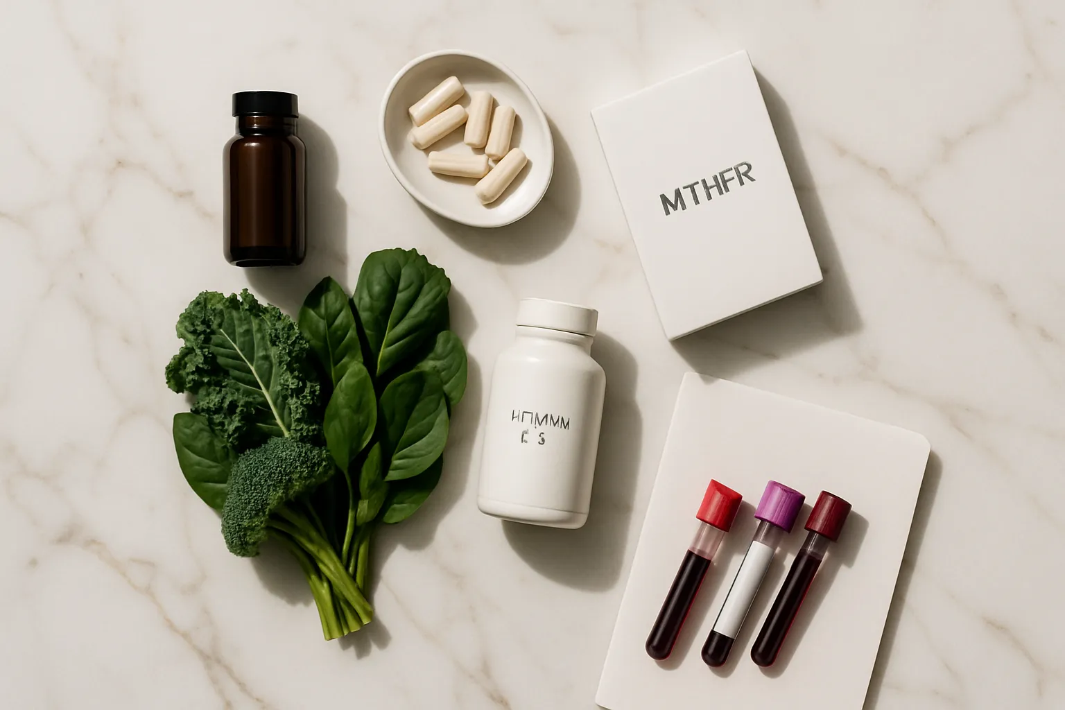 Arranjo editorial de suplementos de vitaminas B (metilcobalamina, metilfolato, P5P), kit de teste genético MTHFR, vegetais folhosos verde-escuros, tubos de exame sem rótulos sobre mármore branco com veios dourados