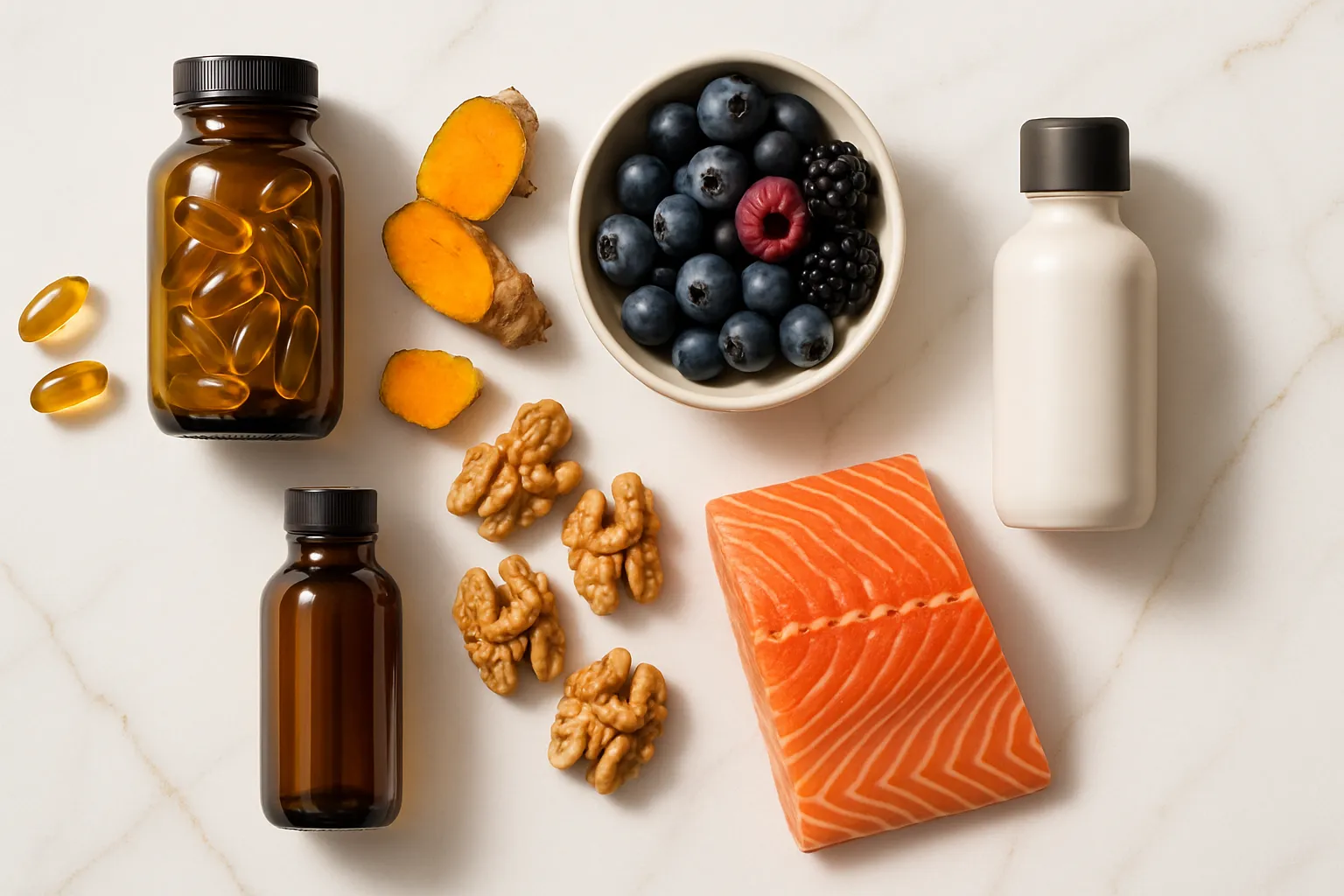 Ferramentas Essenciais para Saúde Mental Anti-Inflamatória Composição flat lay premium com suplementos ômega-3, açafrão fresco, berries, nozes e salmão sobre mármore branco com veios dourados, representando arsenal anti-inflamatório para saúde mental