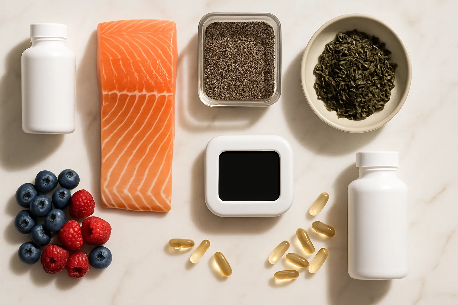 Composição flat lay premium de ferramentas para otimização do FGF21: suplementos ômega-3, salmão fresco, sementes de chia, chá verde, berries e dispositivo de jejum intermitente sobre mármore branco com veios dourados