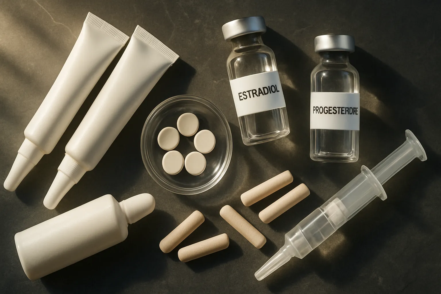 Composição flat lay mostrando diferentes formas de hormônios bioidênticos incluindo cremes transdérmicos, comprimidos sublinguais e pellets para reposição hormonal