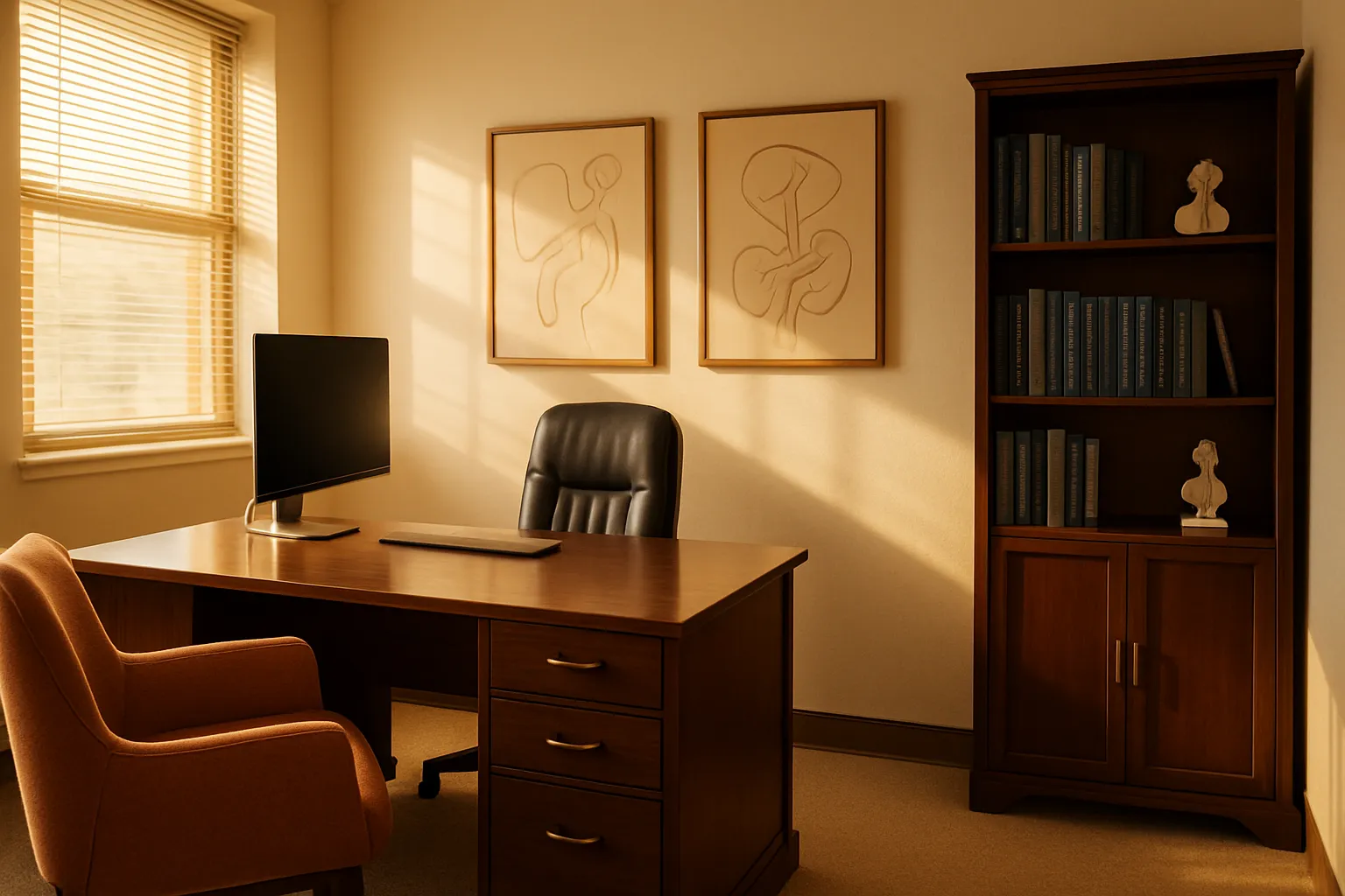 Consultório vazio de medicina funcional com mesa executiva de madeira, estante de livros médicos, cadeira confortável para paciente, paredes em tons terracota e creme, luz natural dourada entrando pela janela lateral, perspectiva de canto mostrando espaço profissional acolhedor