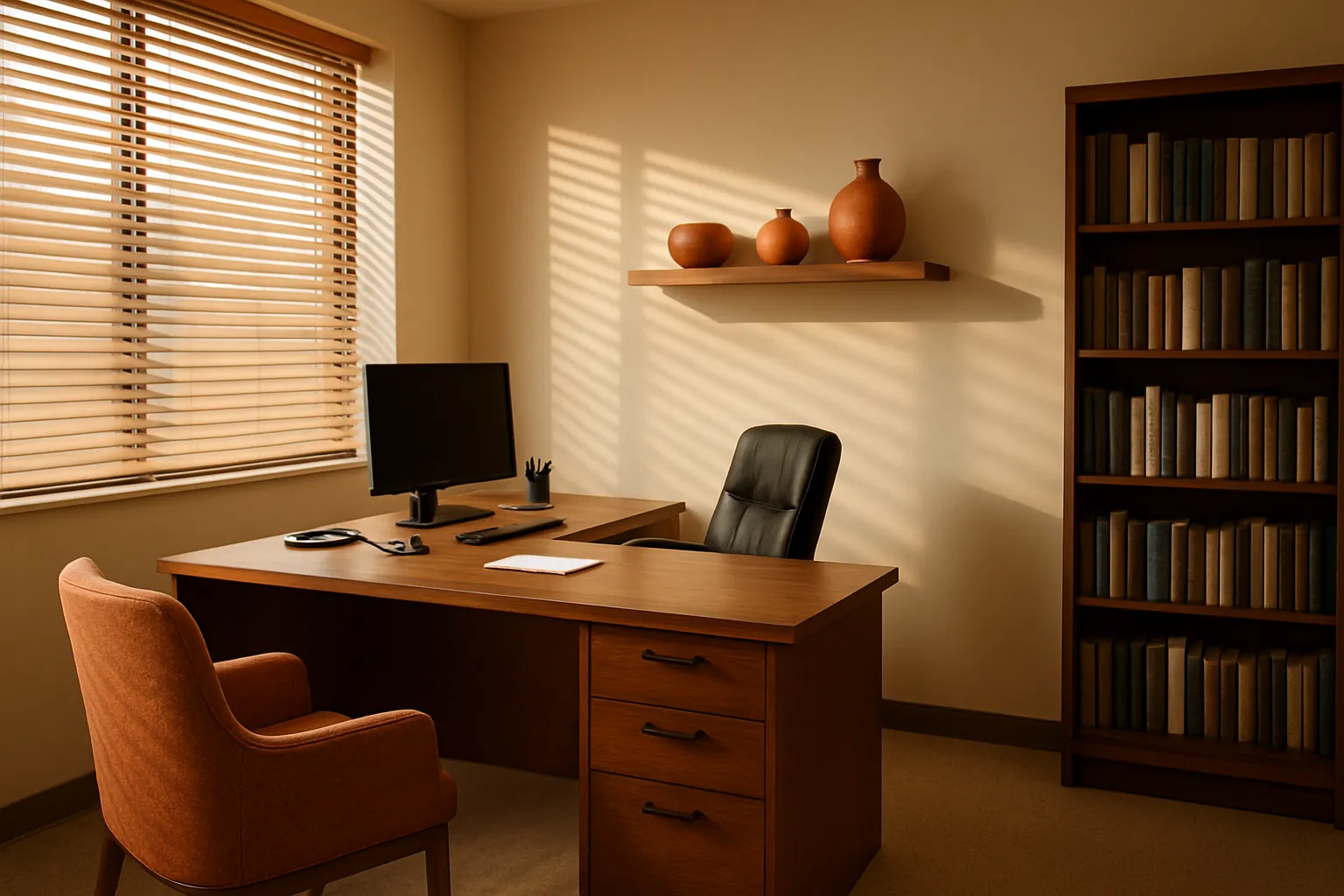 Consultório privado de medicina funcional vazio preparado para consulta de saúde hormonal, com mesa executiva de madeira, estante de referências médicas, cadeira confortável para paciente em tecido terracota, paredes creme com acentos terracota, luz dourada natural entrando por persianas horizontais criando padrões de luz listrados, perspectiva de canto