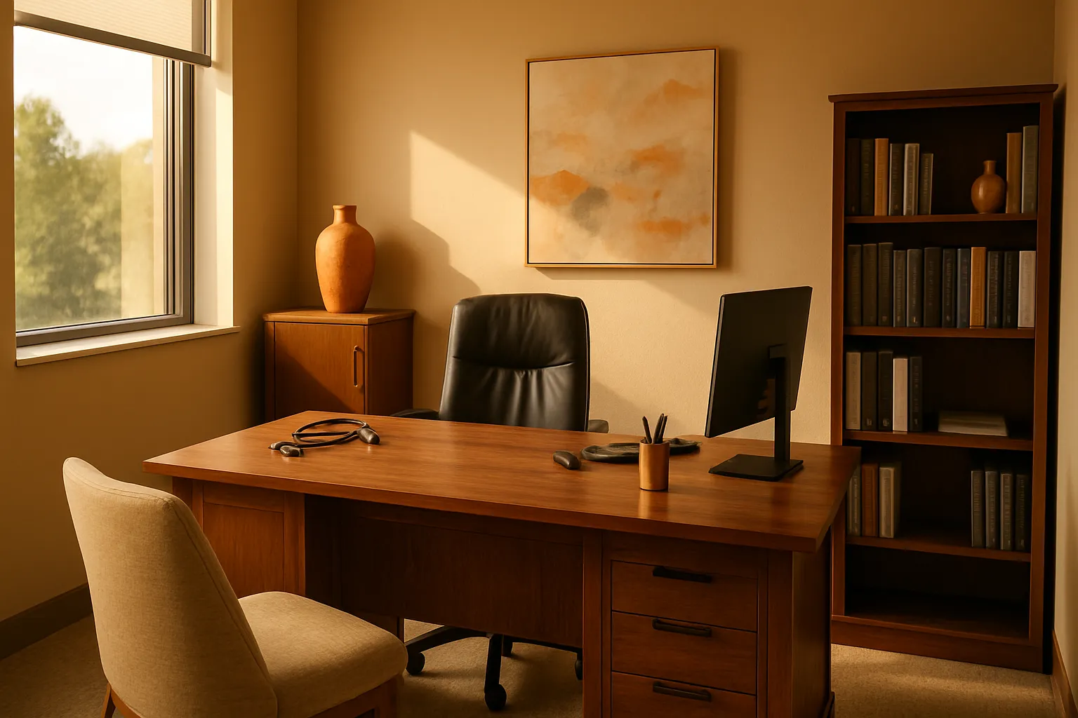 Consultório privado de medicina funcional: mesa executiva de madeira, estante médica, poltrona confortável para paciente, paredes bege com acentos terracota, luz natural dourada da janela lateral