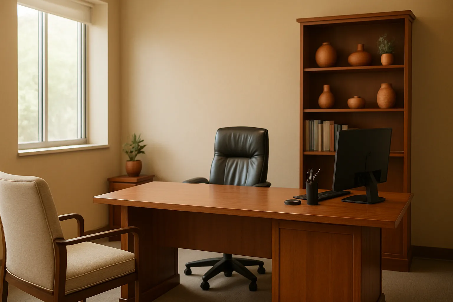 Consultório de medicina funcional vazio com mesa executiva, estante médica, cadeira de paciente e acentos terracota, iluminação natural difusa criando ambiente acolhedor