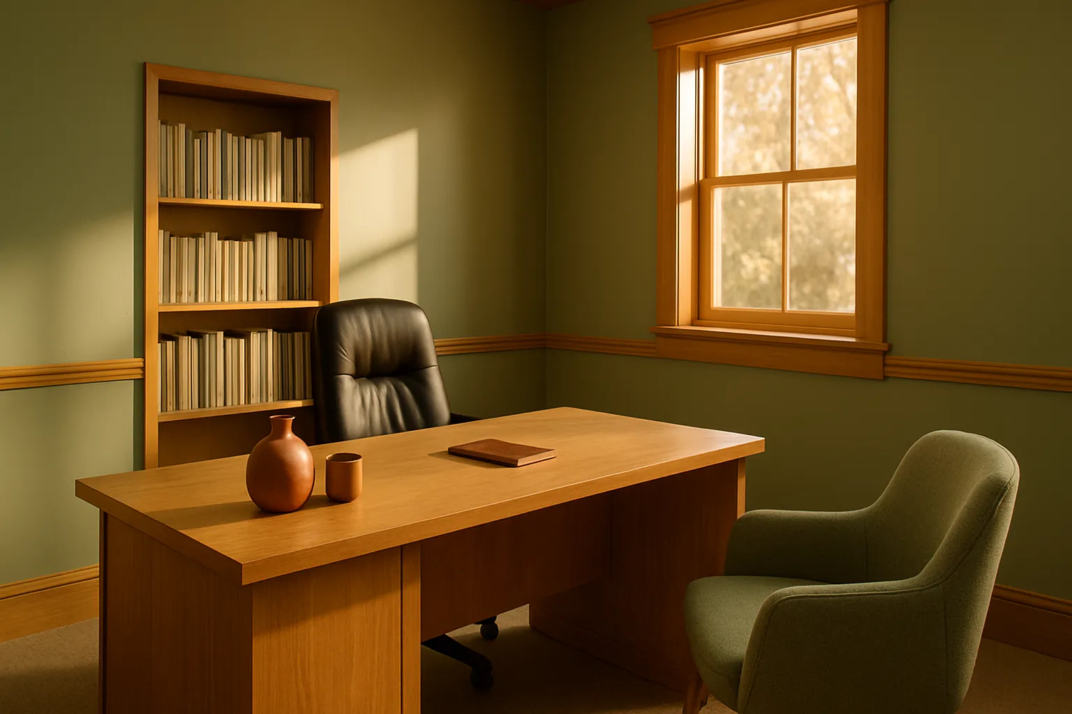 Ambiente de Consultório para Medicina Funcional Hormonal Consultório moderno de medicina funcional com mesa executiva em carvalho, estante de referências médicas, cadeira confortável sage green e acentos terracota, iluminado por luz natural golden hour