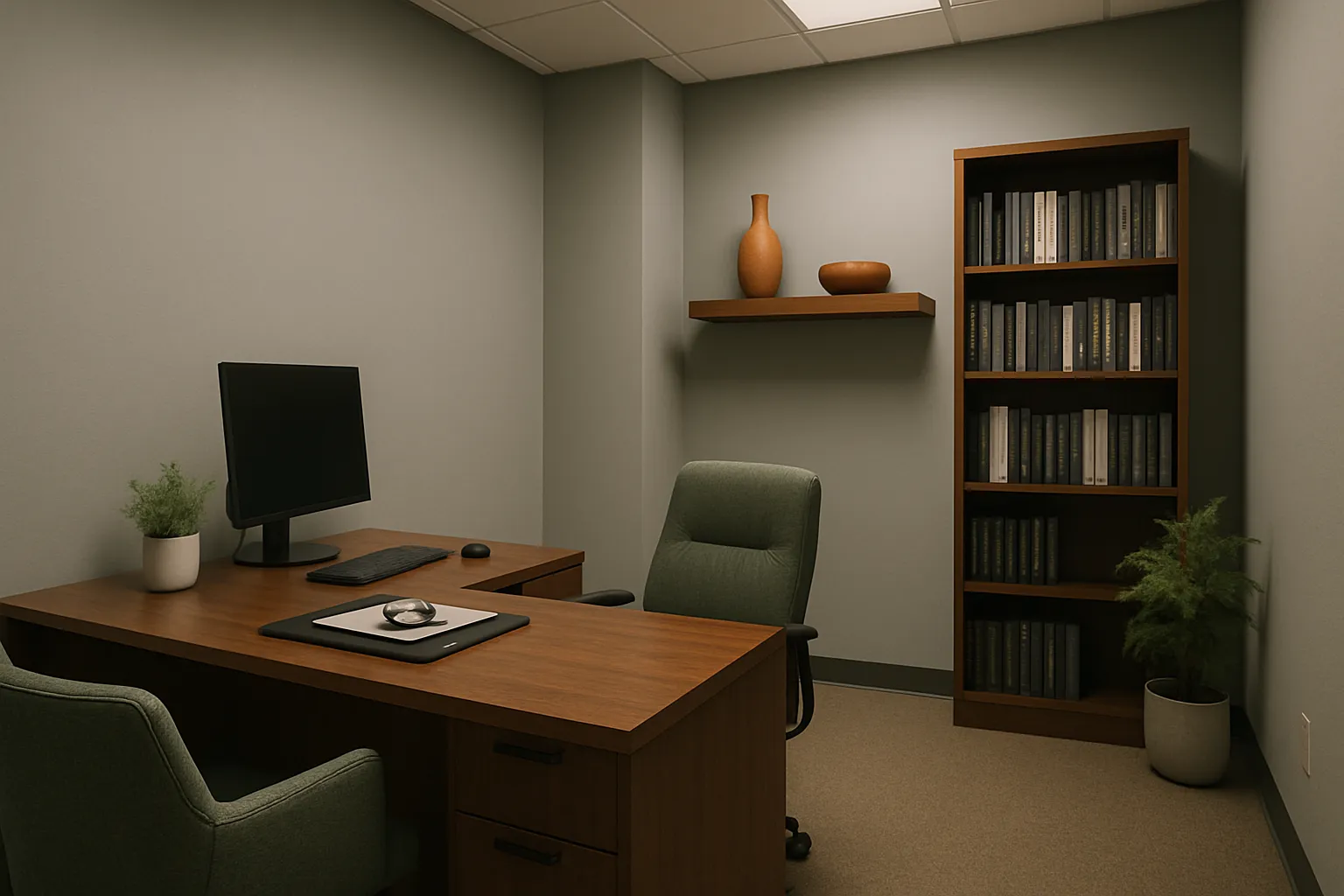 Consultório privado de medicina funcional com mesa executiva de madeira, estante de referências médicas, cadeira confortável para paciente, paredes cinza frio com acentos terracota e verde sage, iluminação ambiente suave