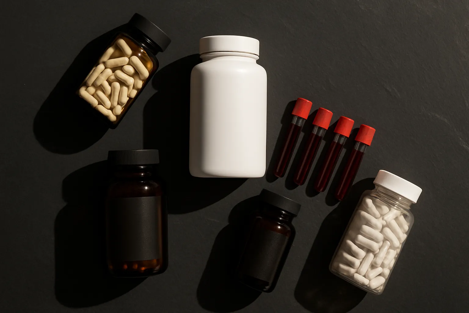 Composição flat lay minimalista sobre pedra ardósia escura mostrando ferramentas para saúde capilar hormonal: frascos de suplementos sem rótulos (biotina, complexo B, suporte tireoidiano), tubos de exame de sangue e cápsulas em arranjo diagonal com espaço negativo