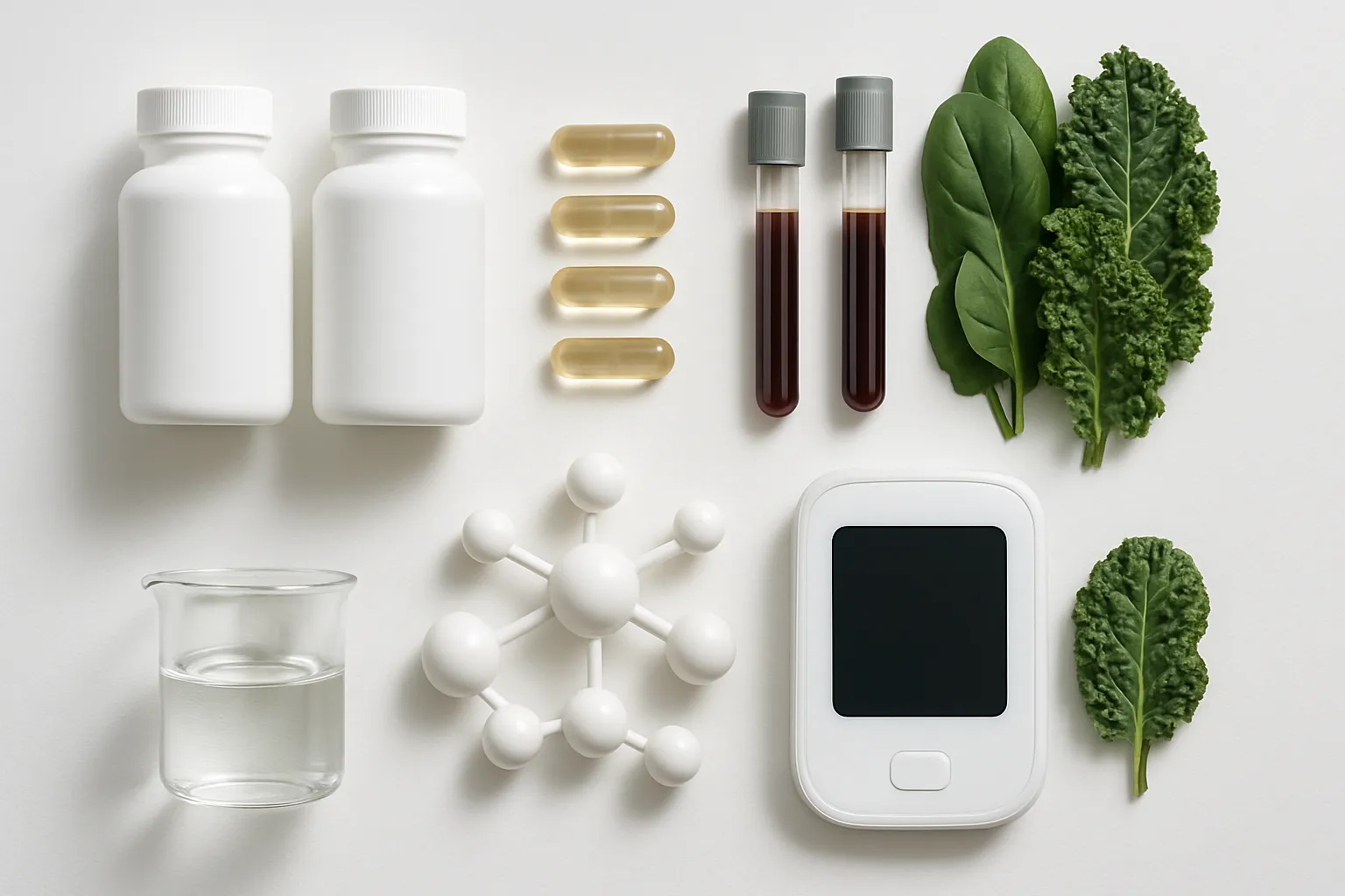 Ferramentas Essenciais para Equilíbrio Hormonal Metabólico Composição flat lay organizada em grid simétrico sobre superfície médica branca mostrando ferramentas para otimização do equilíbrio hormonal: suplementos sem rótulos, frascos de exame, dispositivo de monitoramento limpo, modelos moleculares abstratos e vegetais folhosos frescos