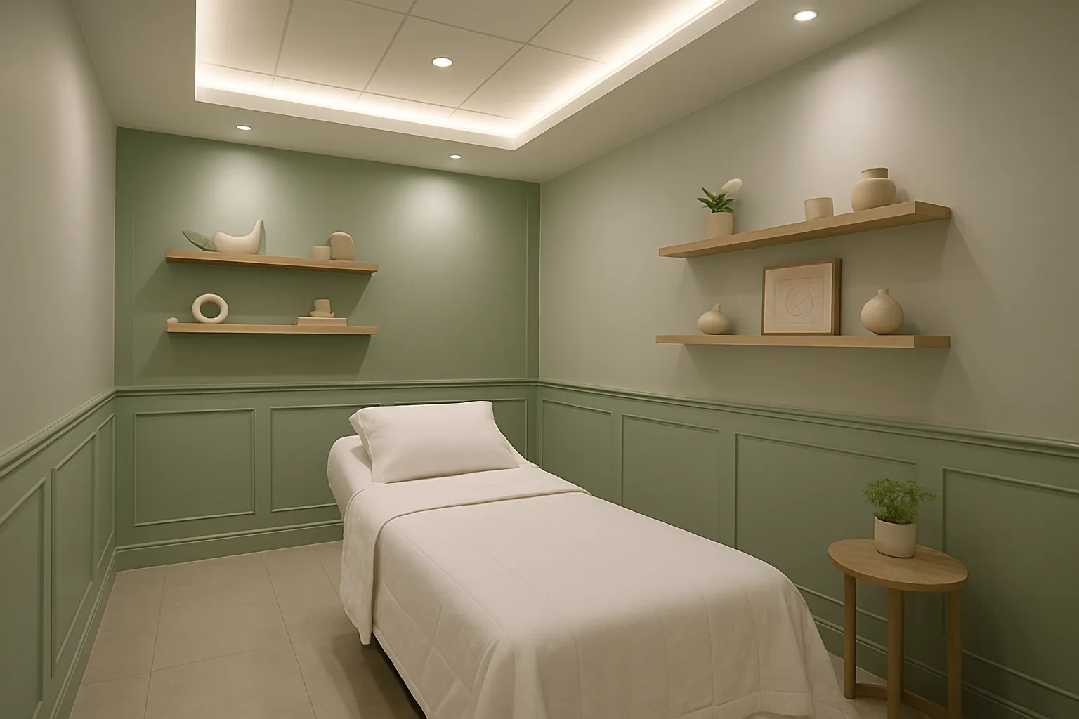 Sala de tratamento estilo spa para consultas de equilíbrio hormonal com maca médica, paredes cinza frio com detalhes verde sálvia, iluminação ambiente suave criando atmosfera calma e acolhedora