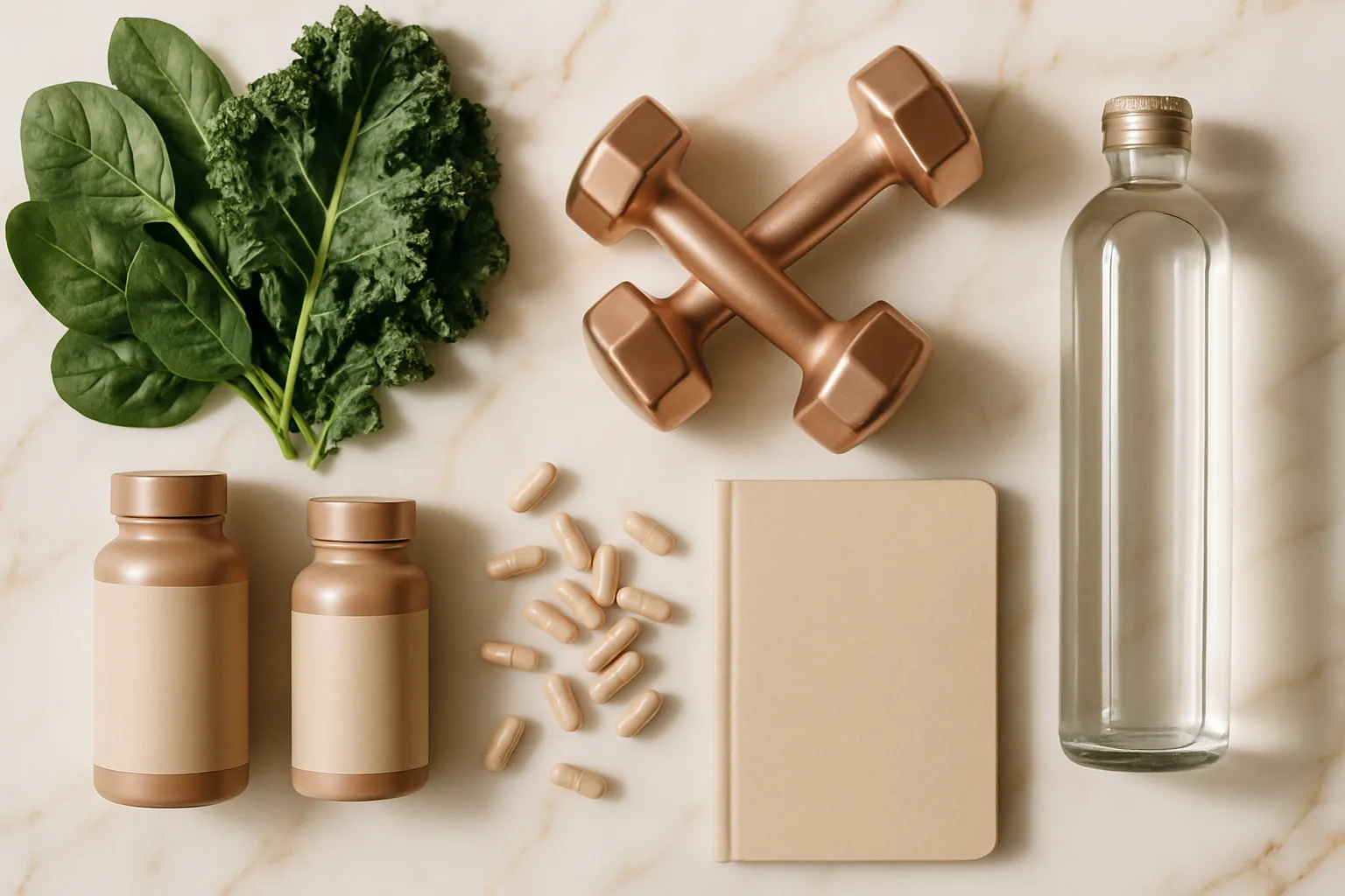 Ferramentas Essenciais para Otimização Hormonal Feminina Arranjo flat lay premium com ferramentas para otimização hormonal: suplementos sem rótulos, pequenos halteres femininos rose gold, vegetais folhosos escuros e garrafa de água em mármore branco com veios dourados