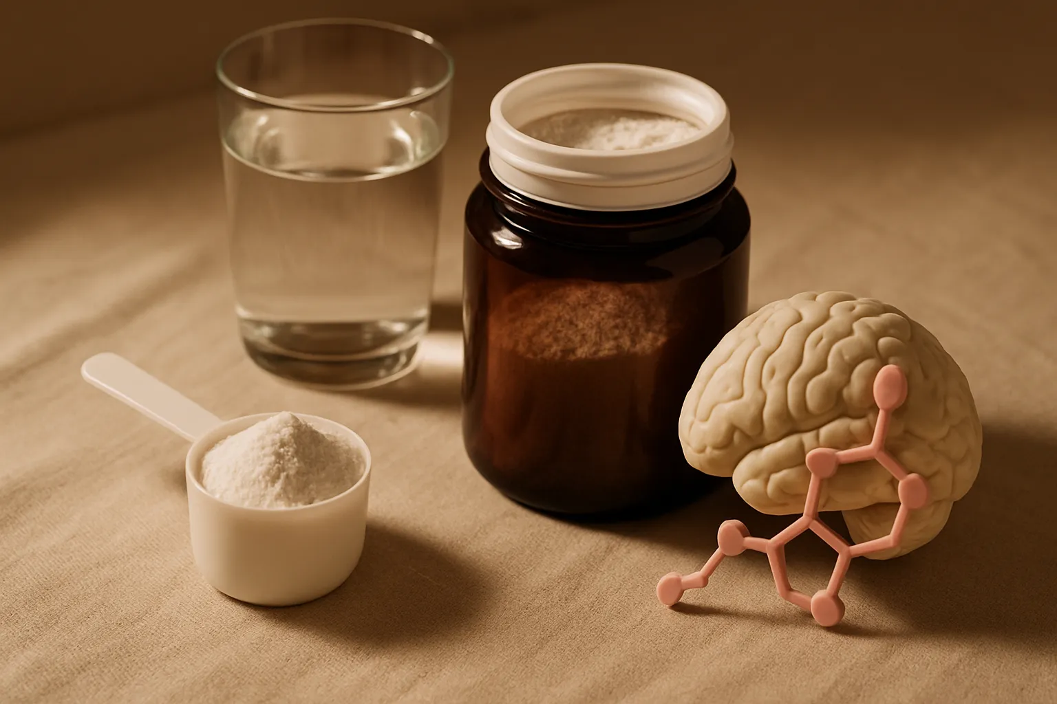 Pó branco de inositol em colher medidora mostrando suplementação em dose terapêutica para saúde mental