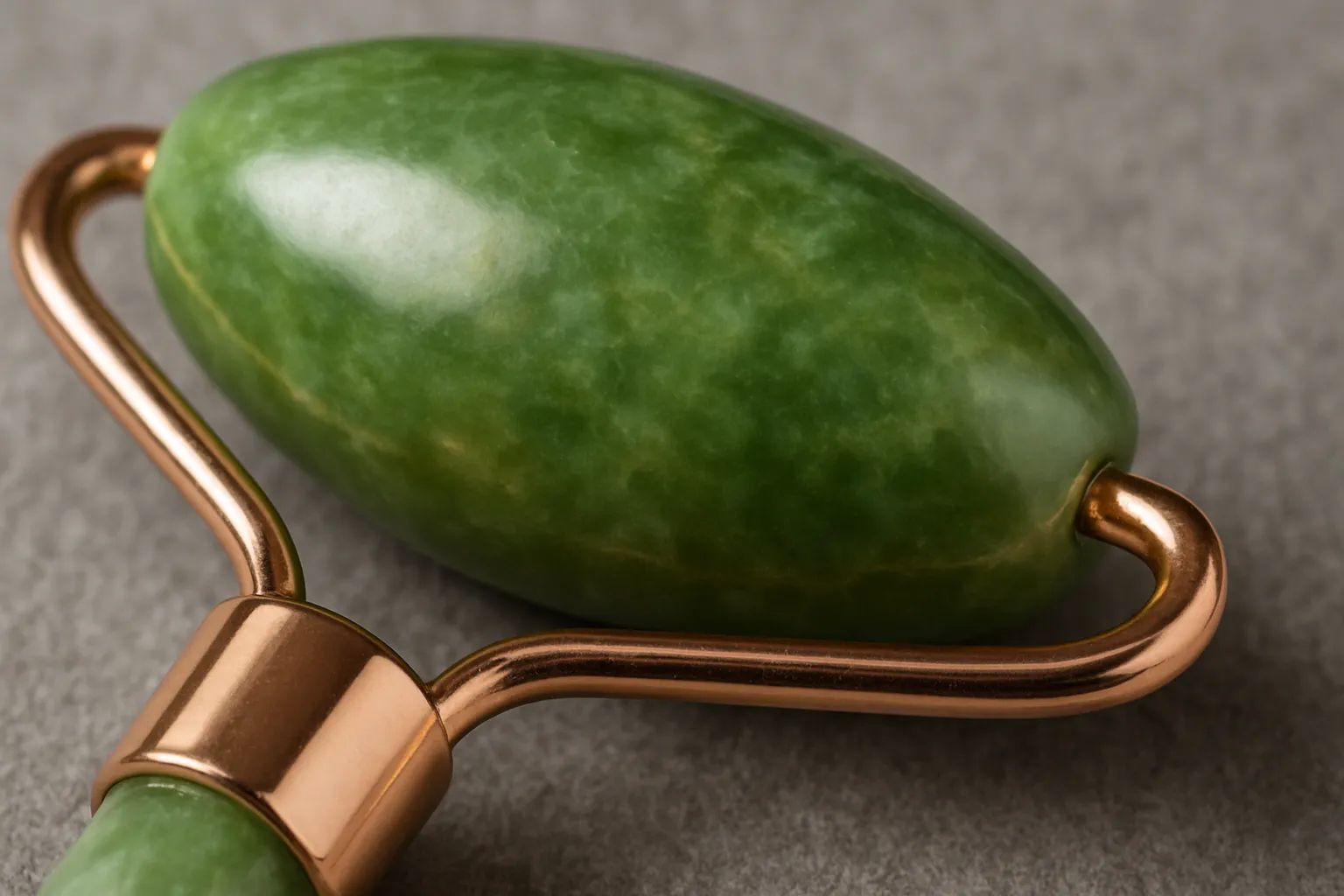 Detalhe macro de jade roller em pedra verde para drenagem linfática e redução de edema facial