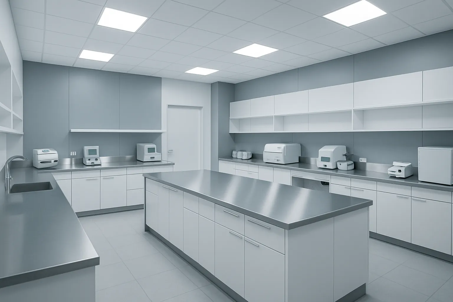 Laboratório médico contemporâneo vazio com superfícies de aço inoxidável, design minimalista em branco e cinza, iluminação clínica profissional, espaço preparado para avaliação de biomarcadores metabólicos
