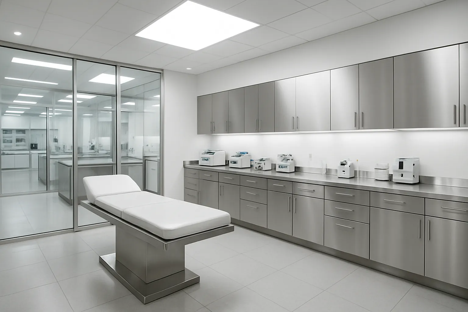 Laboratório médico contemporâneo vazio com linhas limpas, superfícies de aço inoxidável, partições de vidro ao fundo e iluminação LED clínica brilhante, pronto para terapias hormonais avançadas