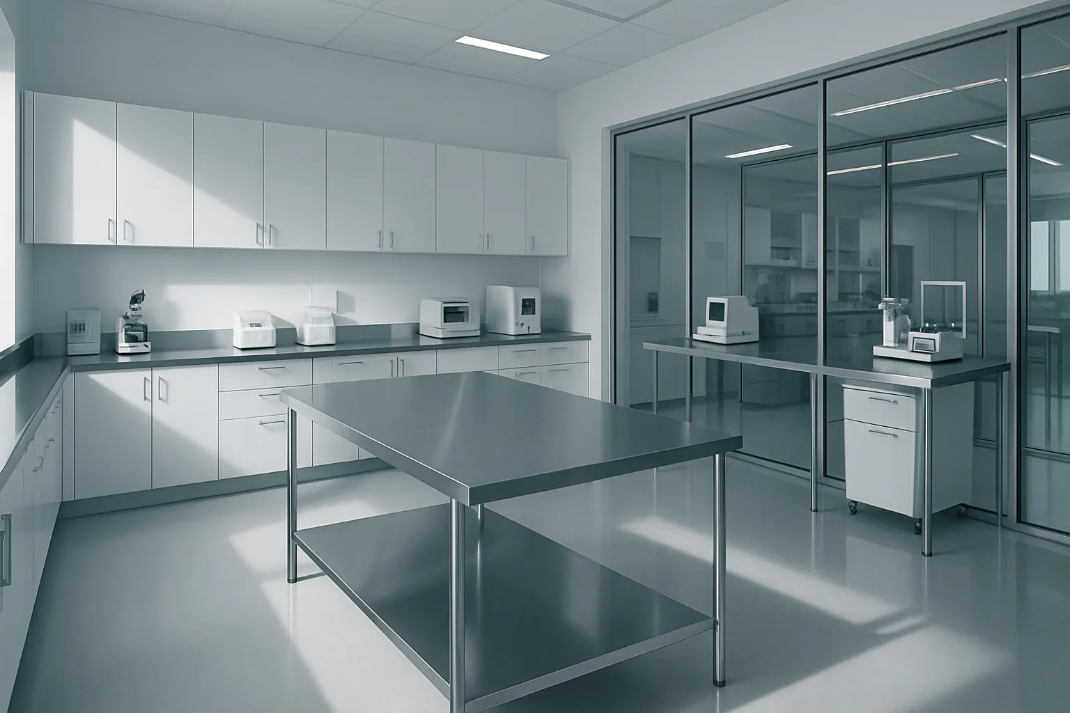 Laboratório médico contemporâneo vazio com superfícies de aço inoxidável, linhas limpas, paredes brancas e iluminação lateral dramática criando ambiente profissional