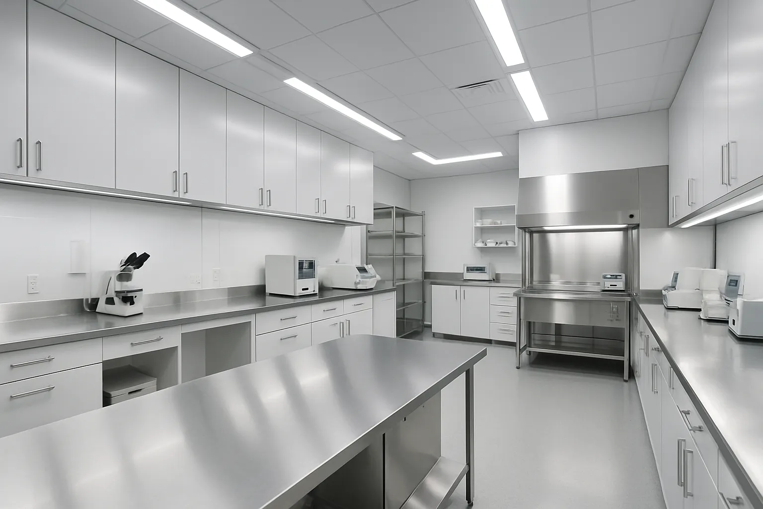 Laboratório médico contemporâneo vazio com linhas arquitetônicas limpas, superfícies de trabalho em aço inoxidável, paredes brancas brilhantes com detalhes em aço, iluminação fluorescente clínica, perspectiva de canto mostrando profundidade espacial