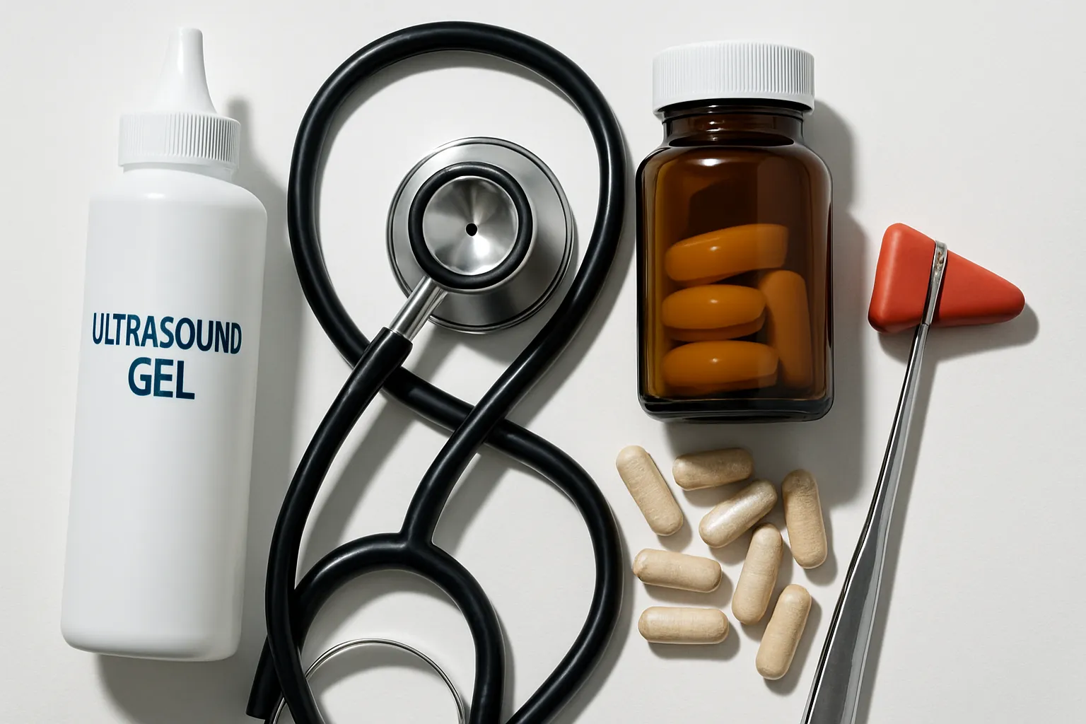 Materiais Médicos para Avaliação de Tireoide e Intestino Arranjo organizado de materiais médicos para avaliação de tireoide e constipação incluindo gel de ultrassom, estetoscópio, suplementos e probióticos sobre superfície branca