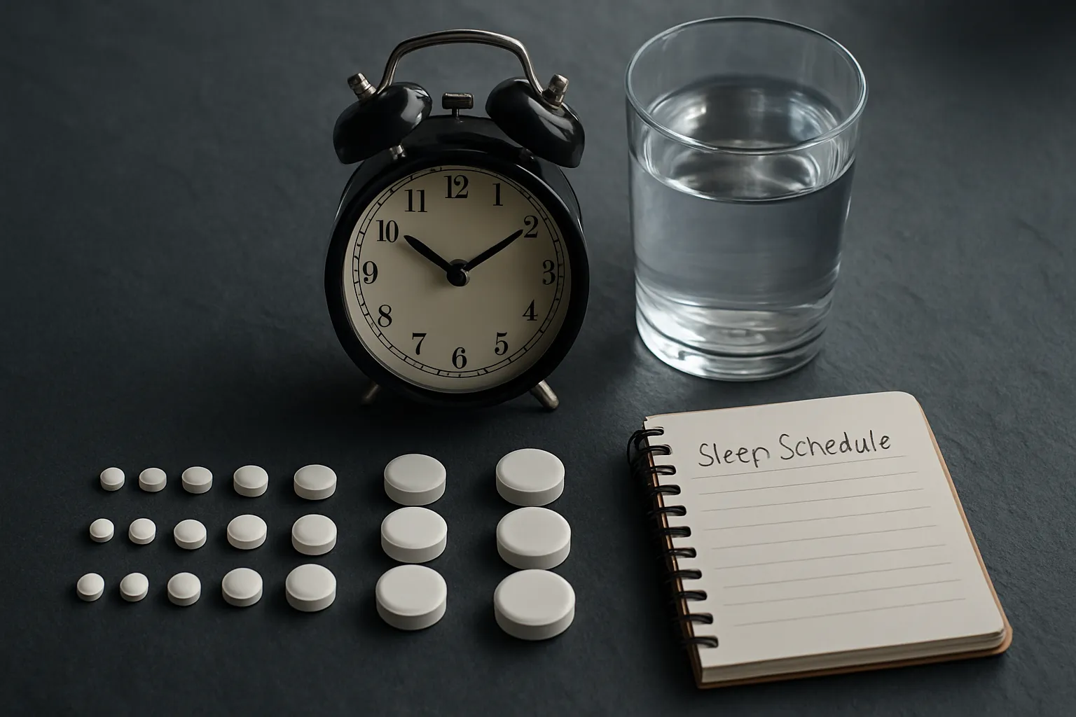 Dosagem e Timing da Melatonina Comprimidos de melatonina em diferentes dosagens, relógio marcando 21h30, copo de água e caderno com registro de horários de sono