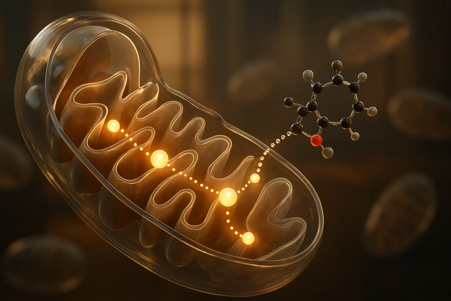 Modelo educativo transparente mostrando mitocôndrias e o processo de produção de ATP na cadeia de transporte de elétrons
