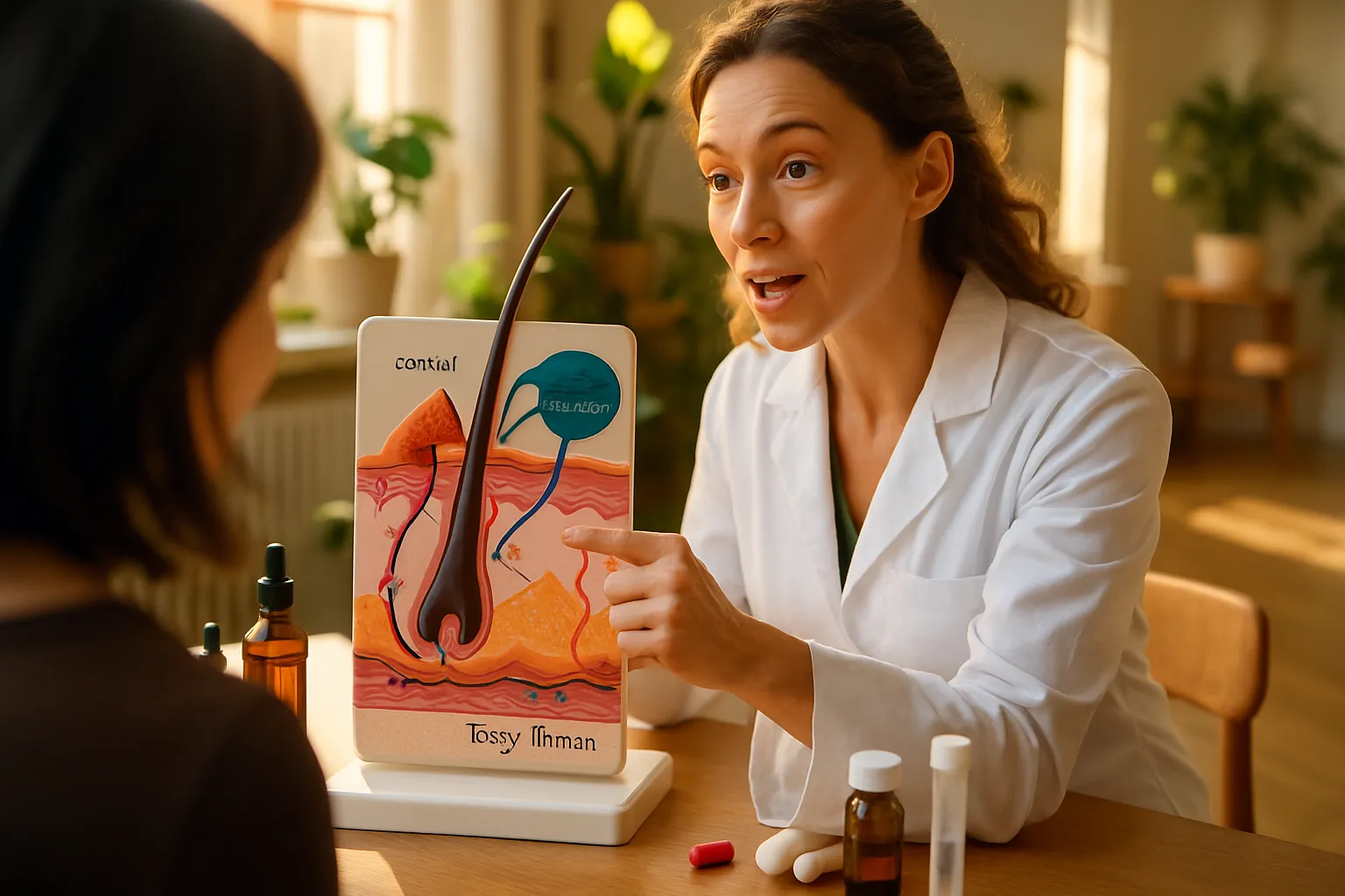 Modelo Anatômico de Cortisol e Estresse nos Folículos Modelo anatômico educativo demonstrando como o cortisol elevado e o estresse crônico afetam os folículos capilares, causando eflúvio telógeno e inflamação no couro cabeludo