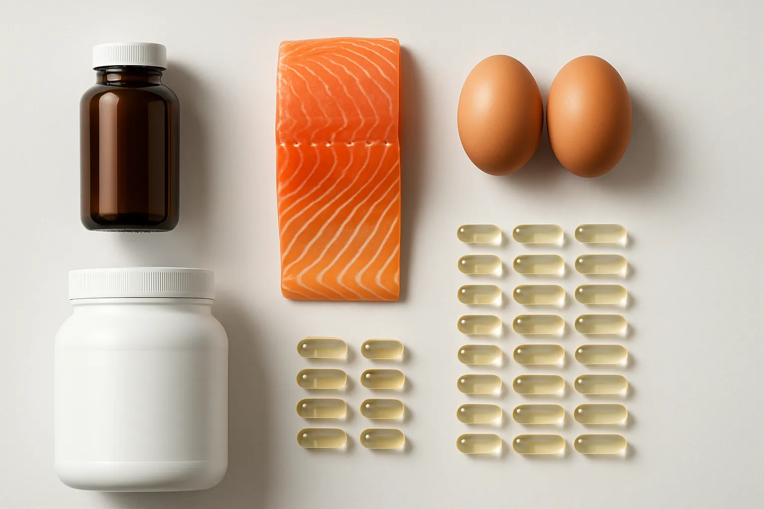 Composição flat lay organizada em grade simétrica sobre superfície médica branca mostrando suplementos omega-3 sem rótulos, salmão fresco, ovos orgânicos e cápsulas para otimização da nesfatina