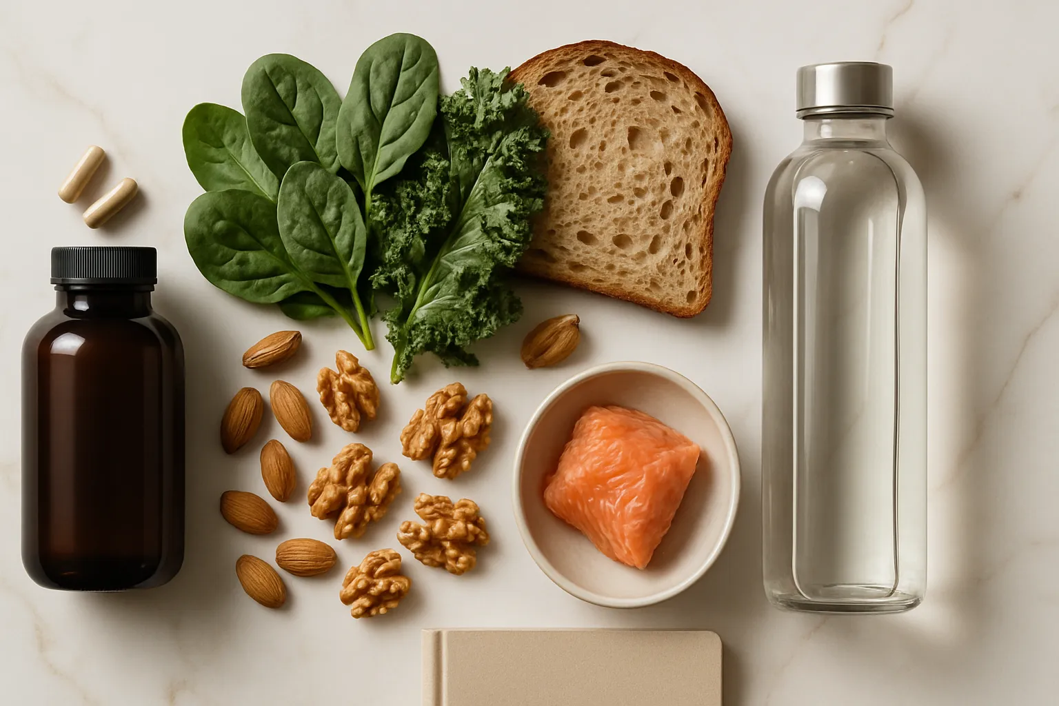Composição flat lay premium em mármore branco com veios dourados mostrando ferramentas para regulação do neuropeptídeo Y: suplementos sem rótulos, vegetais folhosos verde-escuros, pão integral, oleaginosas, salmão selvagem e garrafa de água, dispostos em arranjo artístico espalhado