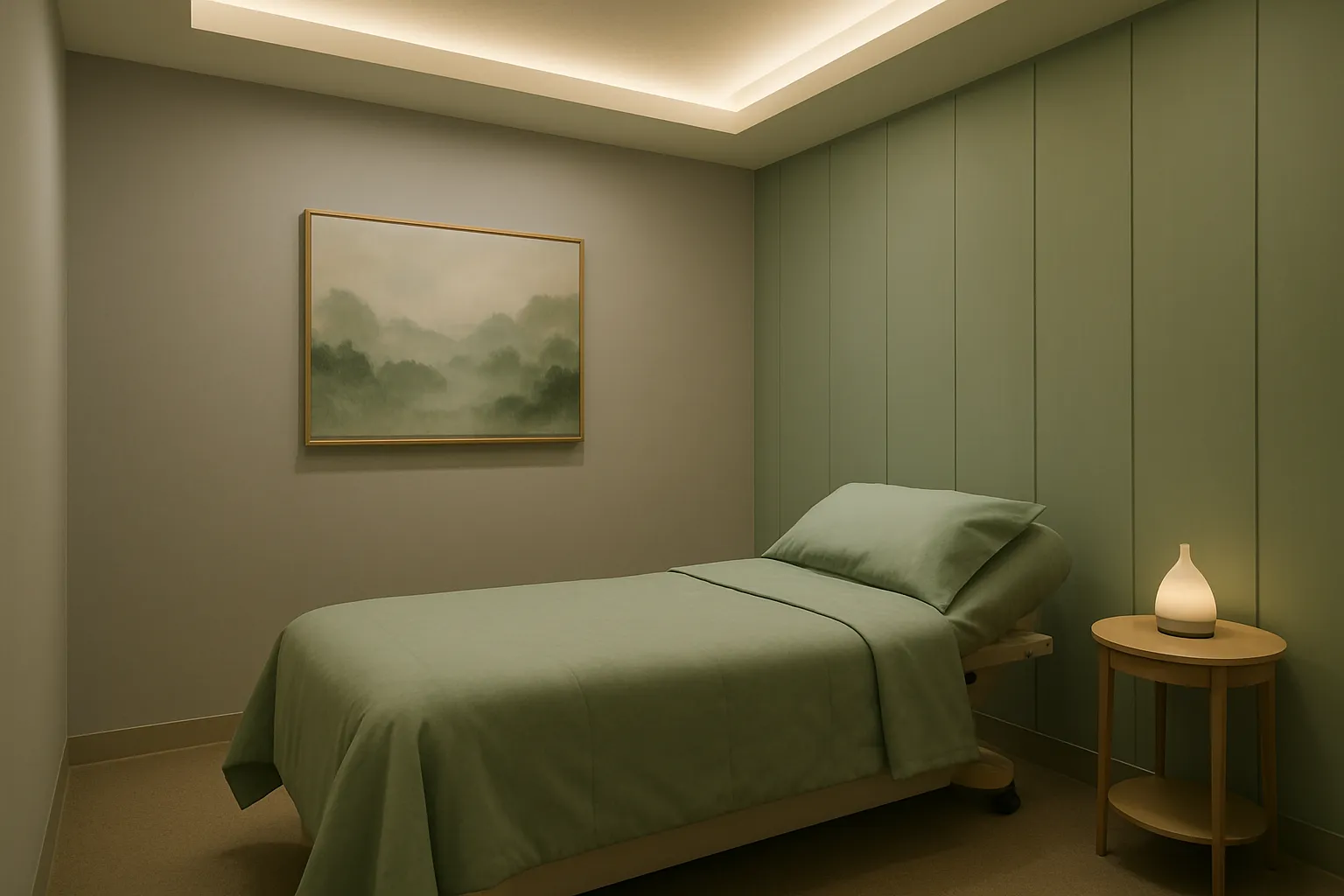 Sala de tratamento estilo spa vazia com maca médica única coberta por lençóis verde sálvia, paredes cinza frio com detalhes em verde sálvia, iluminação ambiente suave de luminárias embutidas no teto, perspectiva de canto elevado mostrando ambiente tranquilo para redução de estresse