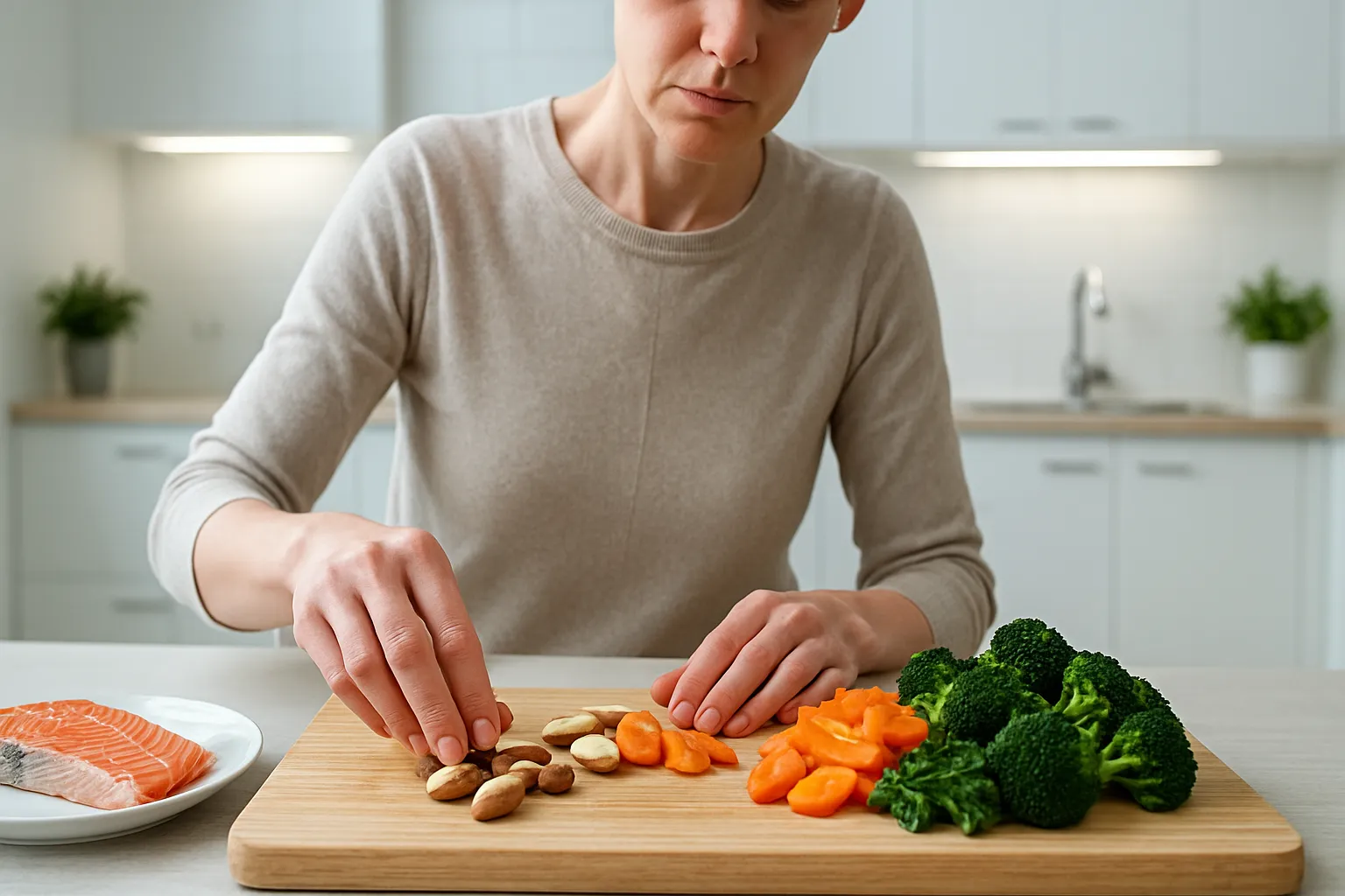 Preparação de Refeição Rica em Nutrientes para Tireoide Pessoa preparando refeição nutritiva para suporte da tireoide com castanhas-do-pará ricas em selênio, peixes gordos com ômega-3 e vegetais cozidos em cozinha iluminada