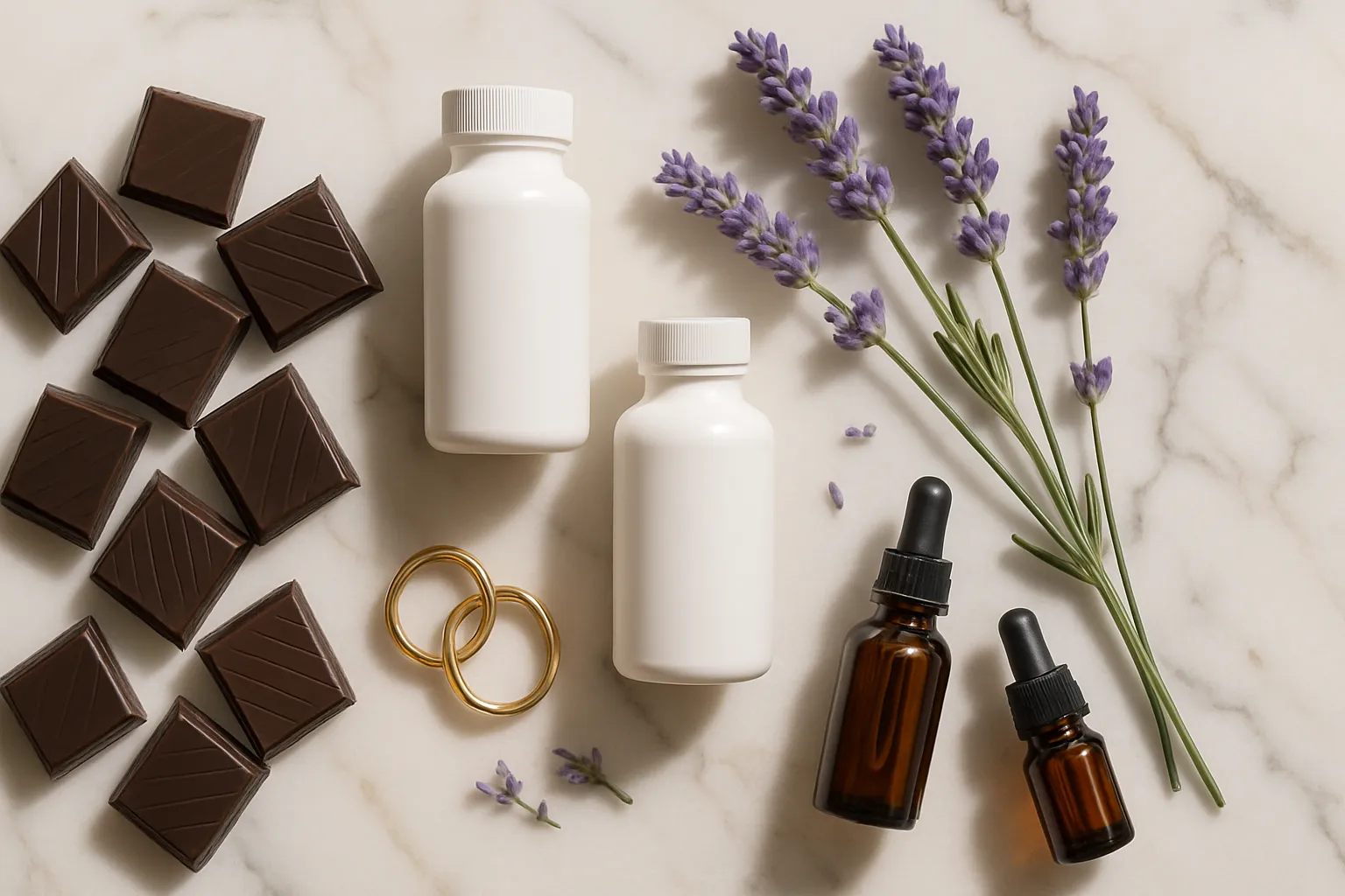 Composição flat lay premium em mármore branco com veios dourados mostrando elementos naturais para estimular ocitocina: chocolate amargo, lavanda fresca, suplementos sem rótulo, símbolos de conexão íntima e elementos de aromaterapia em arranjo artístico espalhado