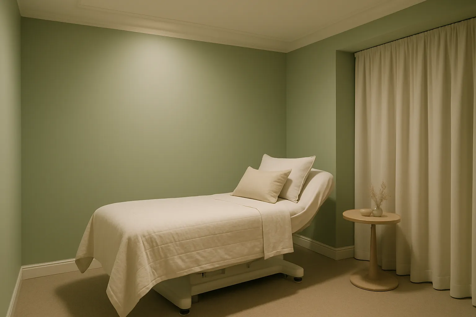 Sala de tratamento estilo spa para terapia hormonal com cama médica individual, paredes verde sálvia com detalhes creme, iluminação ambiente suave de luminárias embutidas no teto, atmosfera calma e acolhedora vista em perspectiva de canto