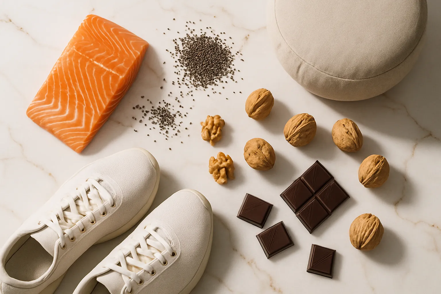 Composição flat lay premium em mármore branco com veios dourados mostrando salmão selvagem, sementes de chia, nozes, chocolate amargo, tênis de corrida e almofada de meditação - ferramentas naturais para otimizar o sistema endocanabinoide