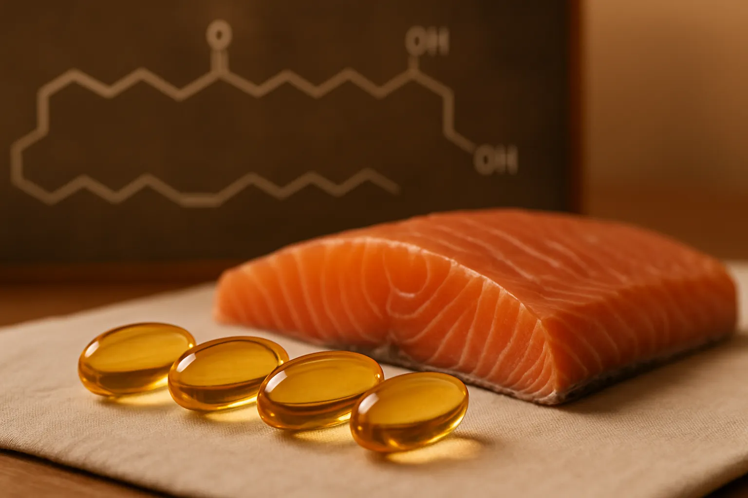 Cápsulas de ômega-3 de alta qualidade com salmão fresco mostrando fonte de EPA e DHA para saúde cerebral